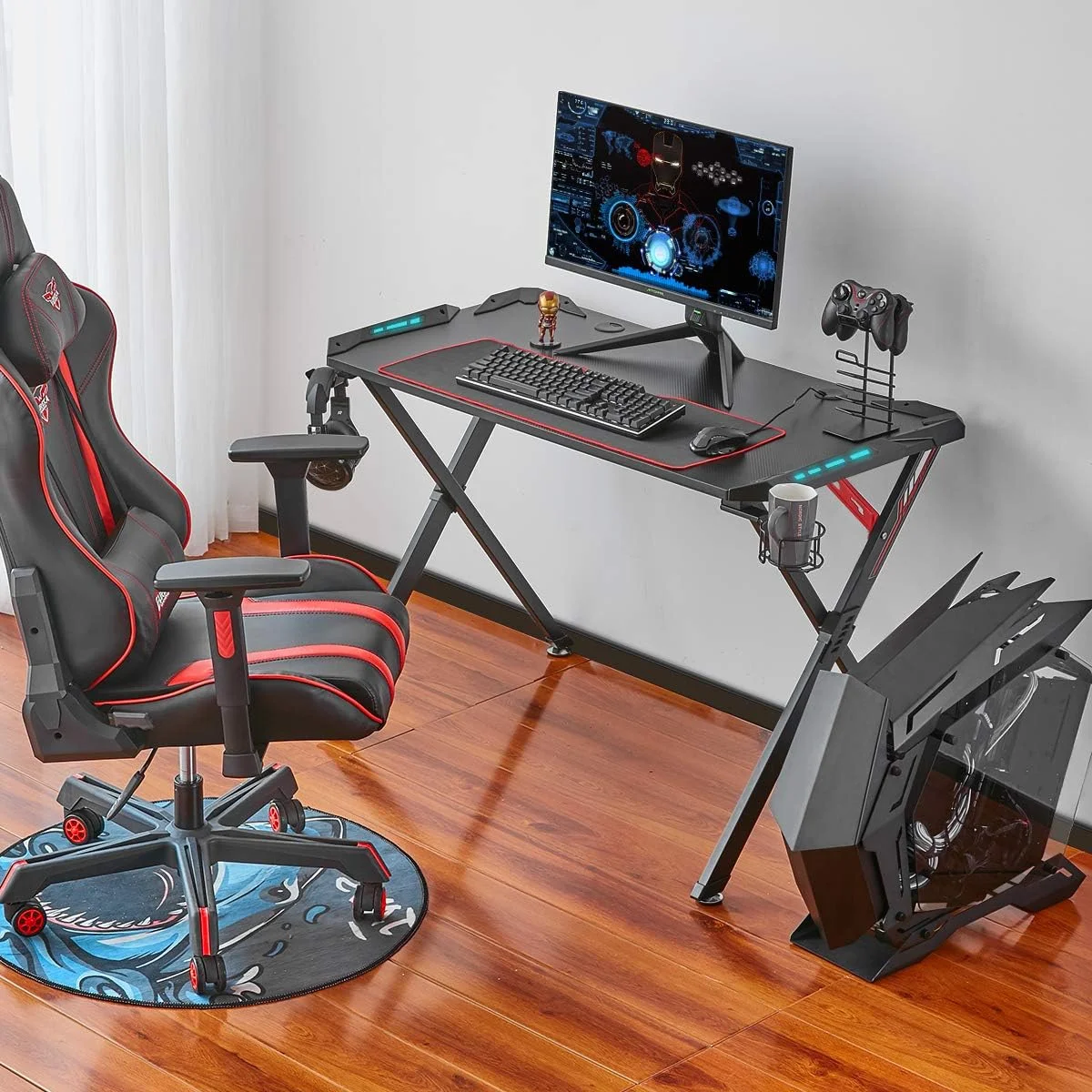 TQJKLFDY It's_Organized Spirit Series-X Gaming Desk 44.5 inch X Shaped Computer Gaming Desk Modern PC Gamer Table with LED Lights Controller Stand Cup Holder Headphone Hook Free Mouse