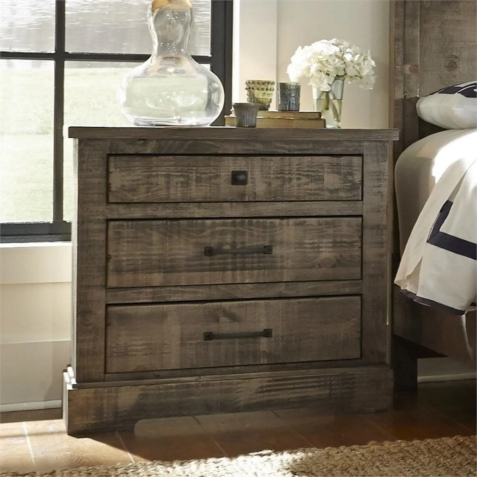 Home Square 3 Drawer Wood Nightstand in Weathered Gray - Set of 2