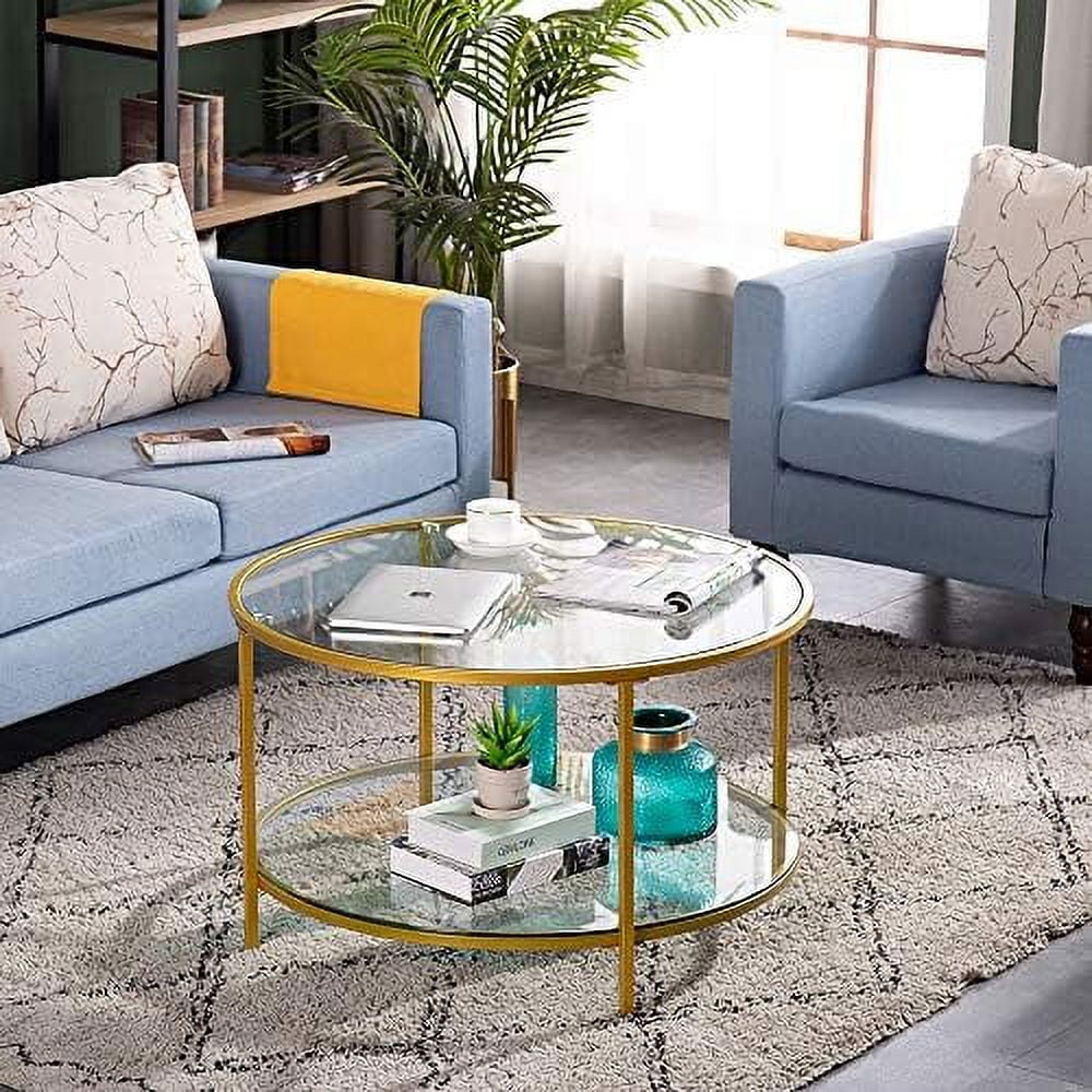 JDZHAPPYLIFE 31.5" Round Coffee Table with Open   2-Tier Temperred Glass Round Accent Coffee Table with Metal Frame  Mustard Gold