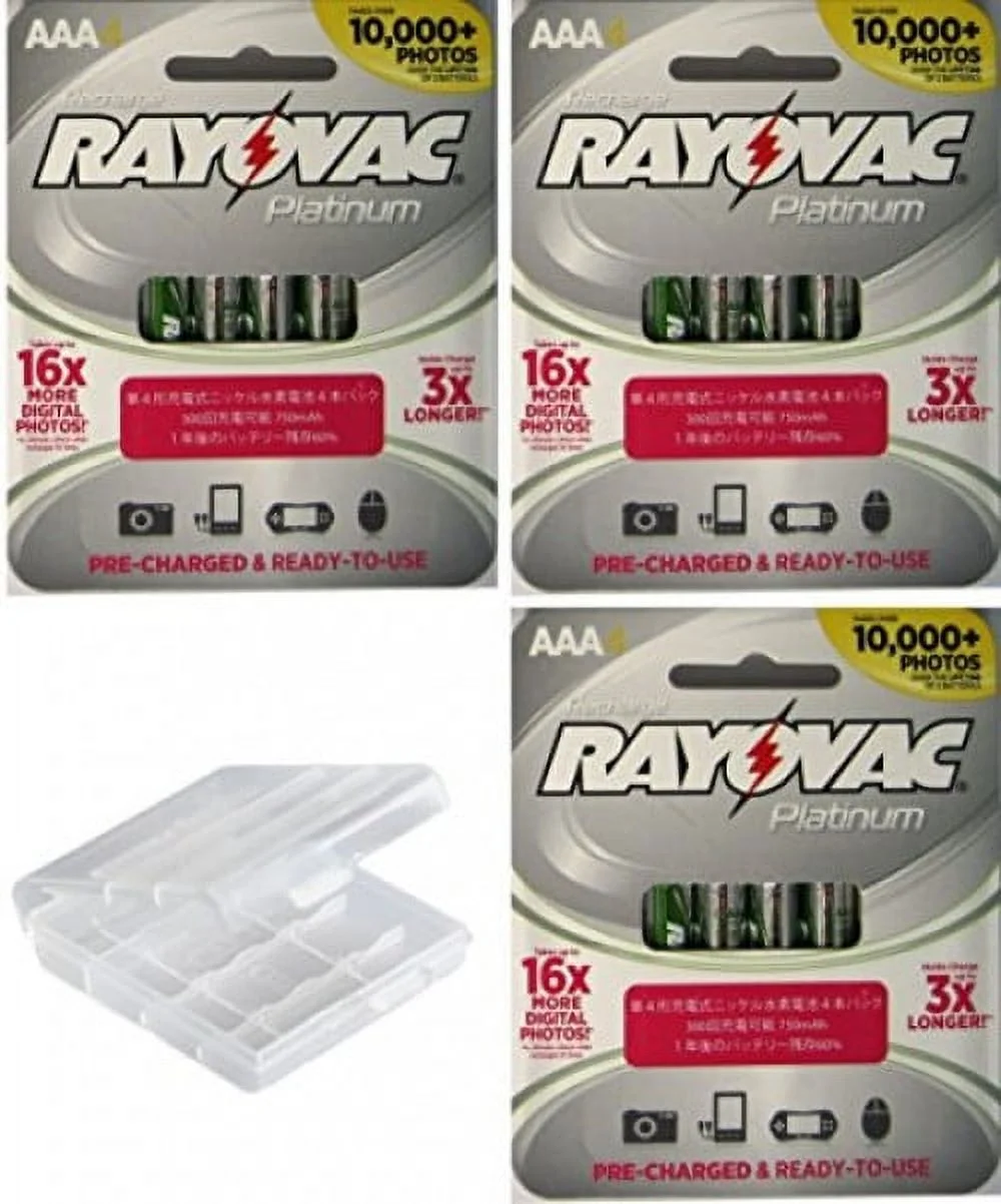12 X Rayovac Platinum Pre-charged (New Hybrid Replacement) 800mAh Rechargable AAA Nimh Batteries with Battery Holder (12 Batteries)
