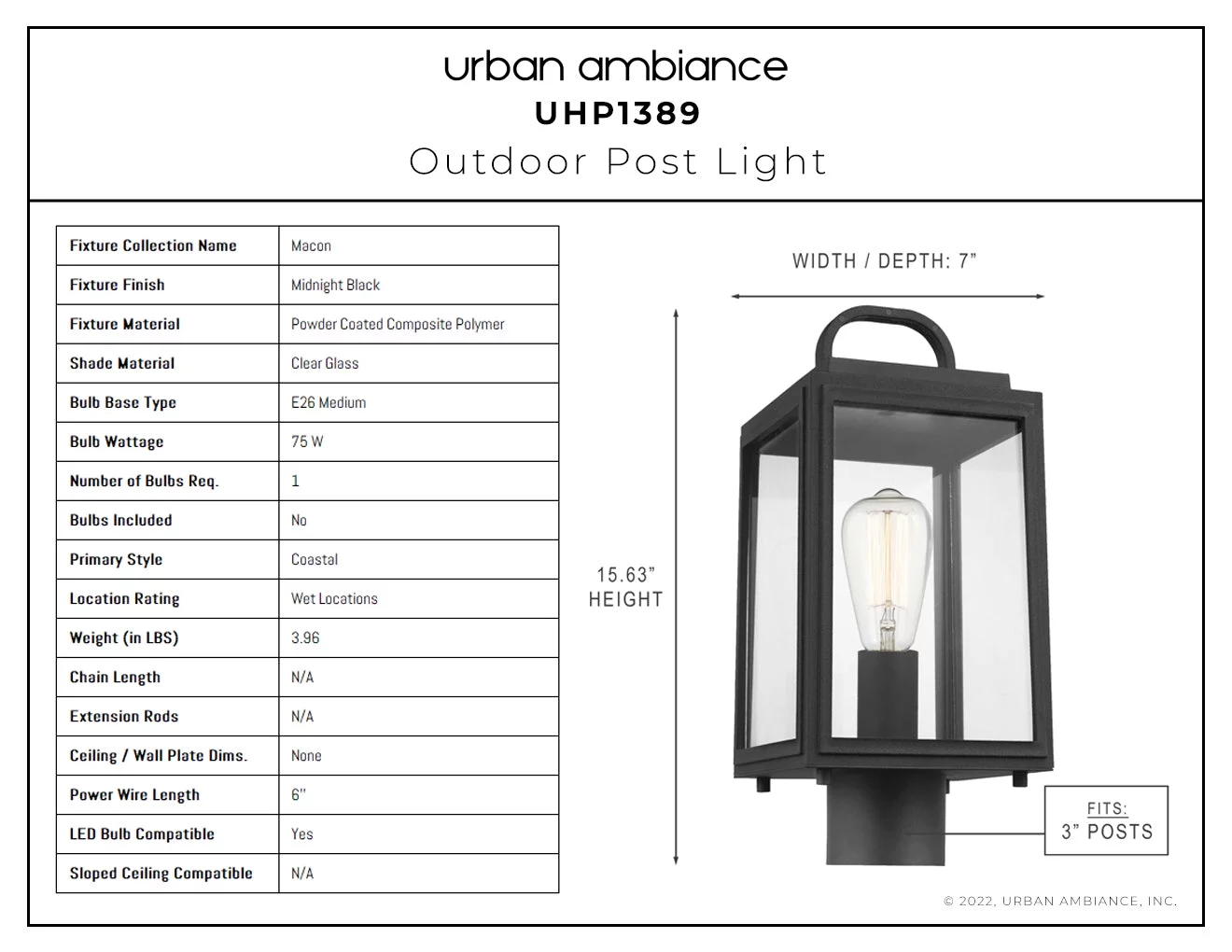 Luxury Farmhouse Post Light, 15.625H x 7W, with Modern Farmhouse Style, Midnight Black, UHP1389 by Urban Ambiance