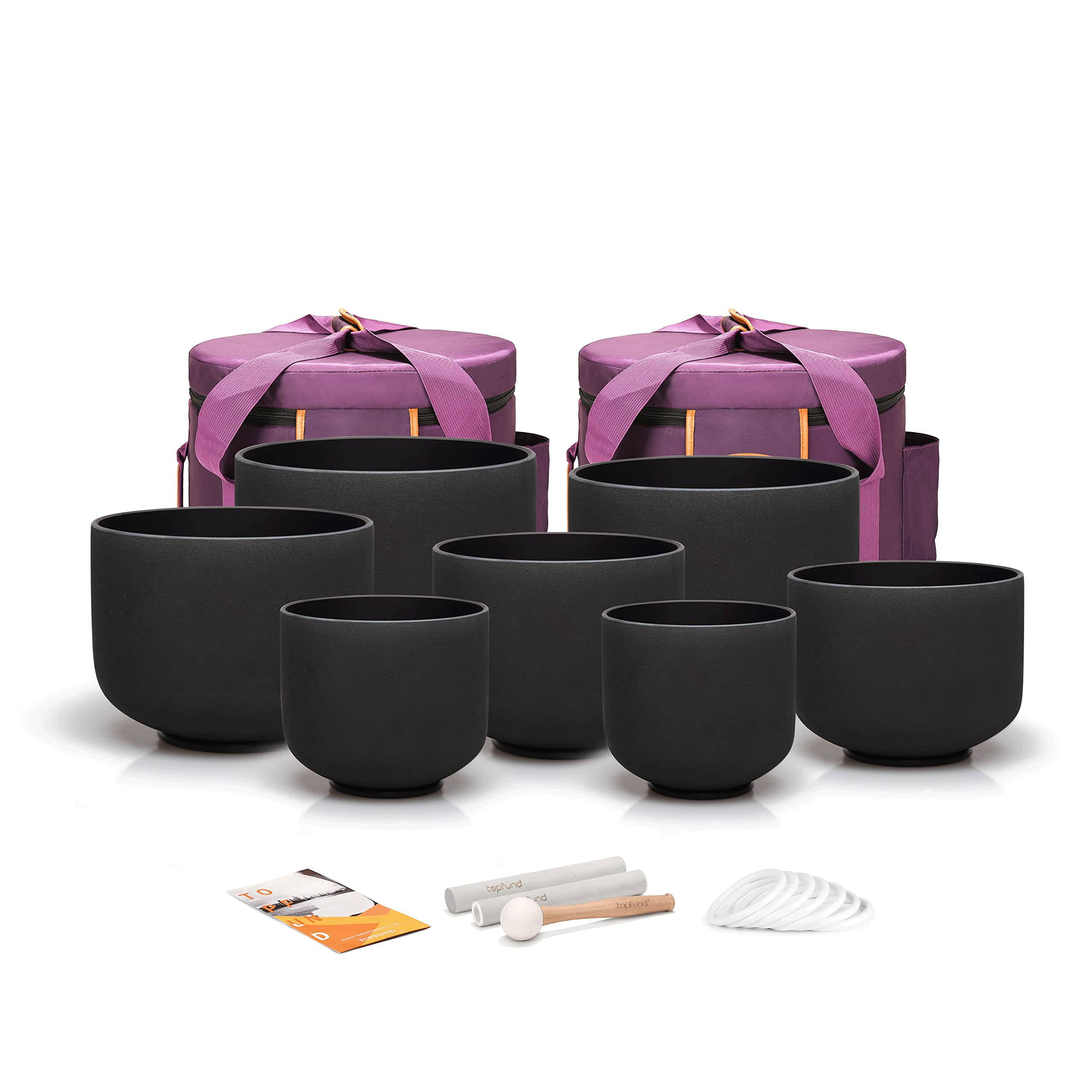 TOPFUND 432Hz Chakra Set of 7 Black Crystal Singing Bowls 6-12 inch with Heavy duty carrying cases and Suede Sticks