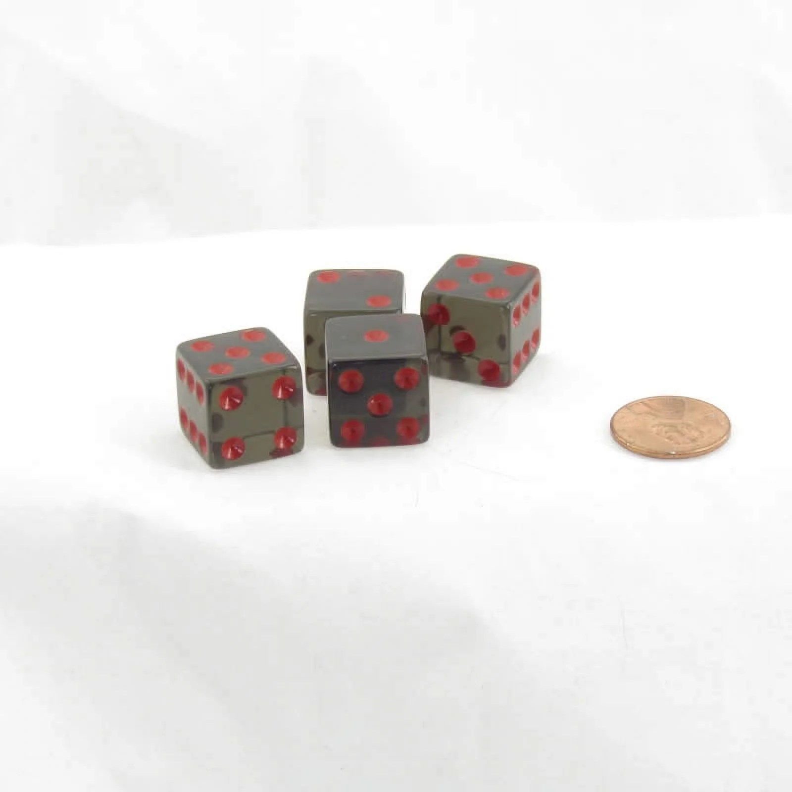 Smoke Transparent Dice with Red Pips Square Corners D6 16mm (5/8in) Set of 4 Wondertrail