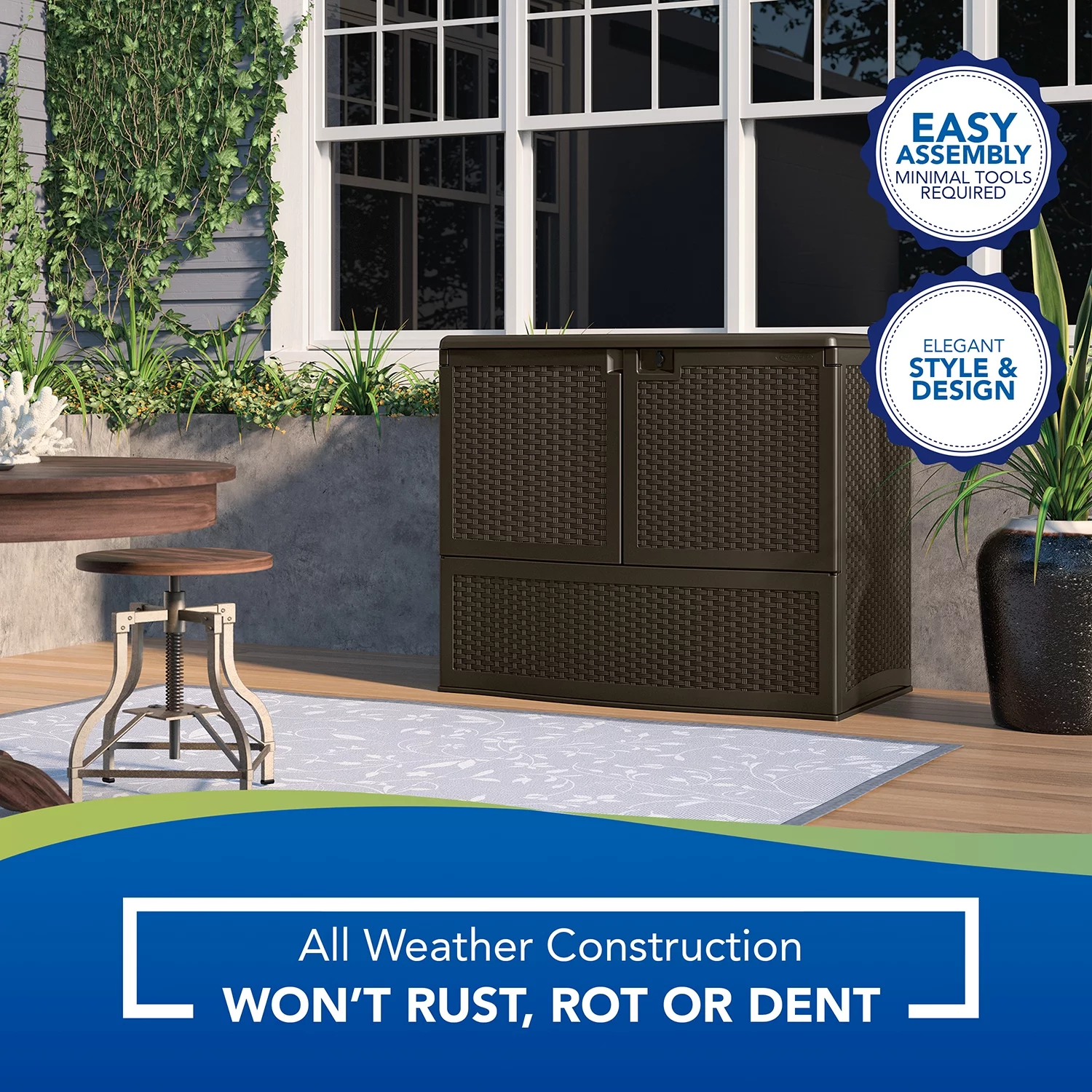 Suncast 195 Gallon Resin Wicker Patio Oasis Storage & Entertaining Station, Java