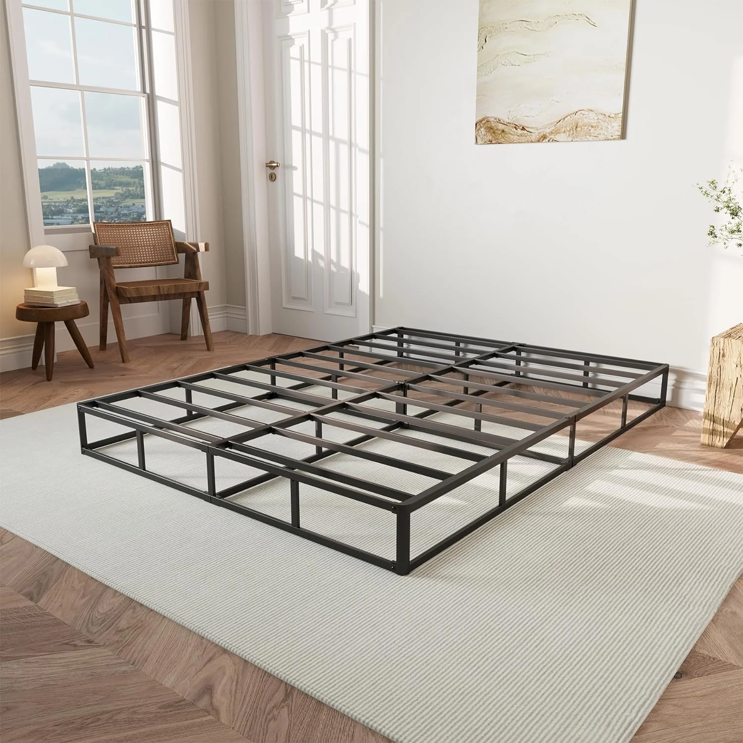 YILAN Box Spring Queen Size, 9 Inch High Profile Box-Spring with Fabric Bed Cover, Noise Free Sturdy Metal Frame, Heavy Duty Steel Structure Mattress Foundation, Easy Assembly