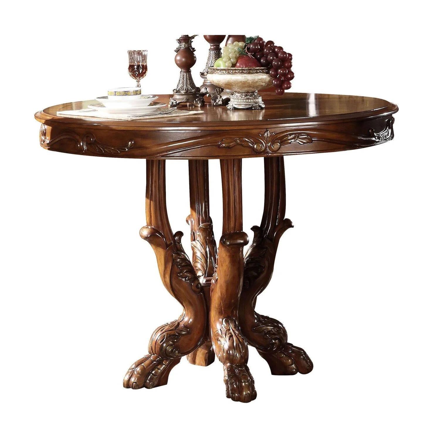 ACME Dresden Dining Table with Single Pedestal in Cherry Oak and Clear Glass