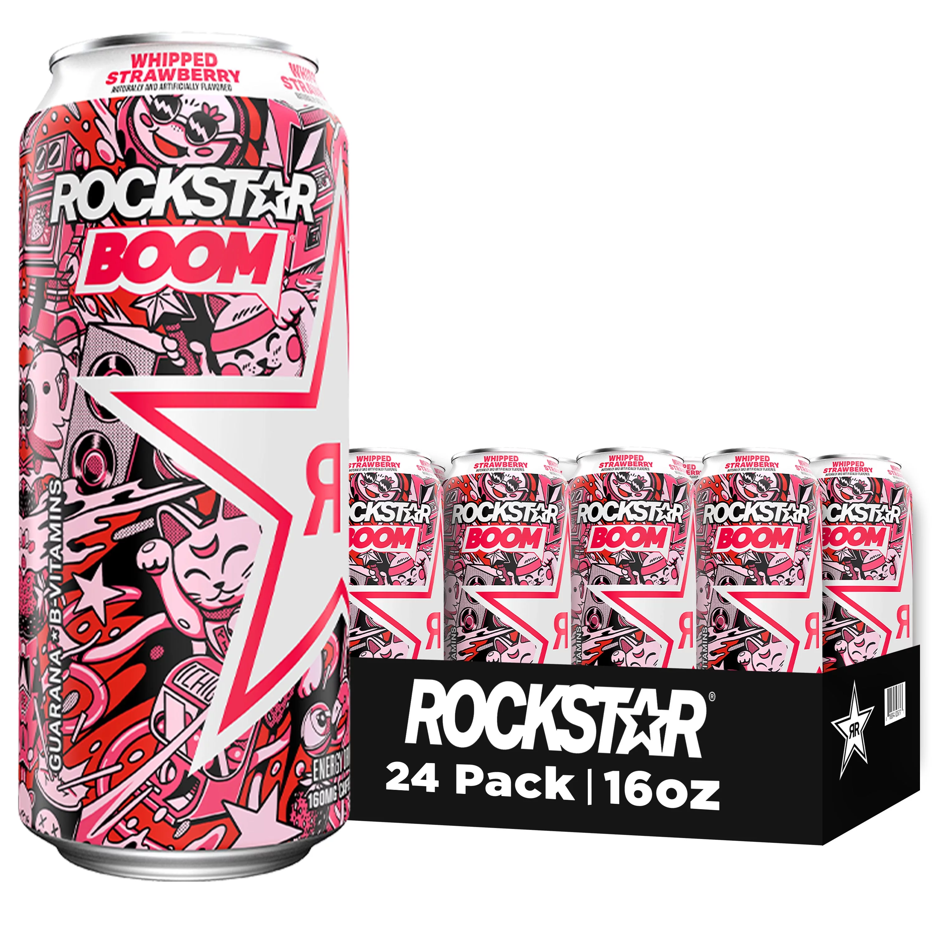 Rockstar BOOM! Whipped & Blended Energy Drink, Strawberry, 16 fl oz, 24 Pack Cans
