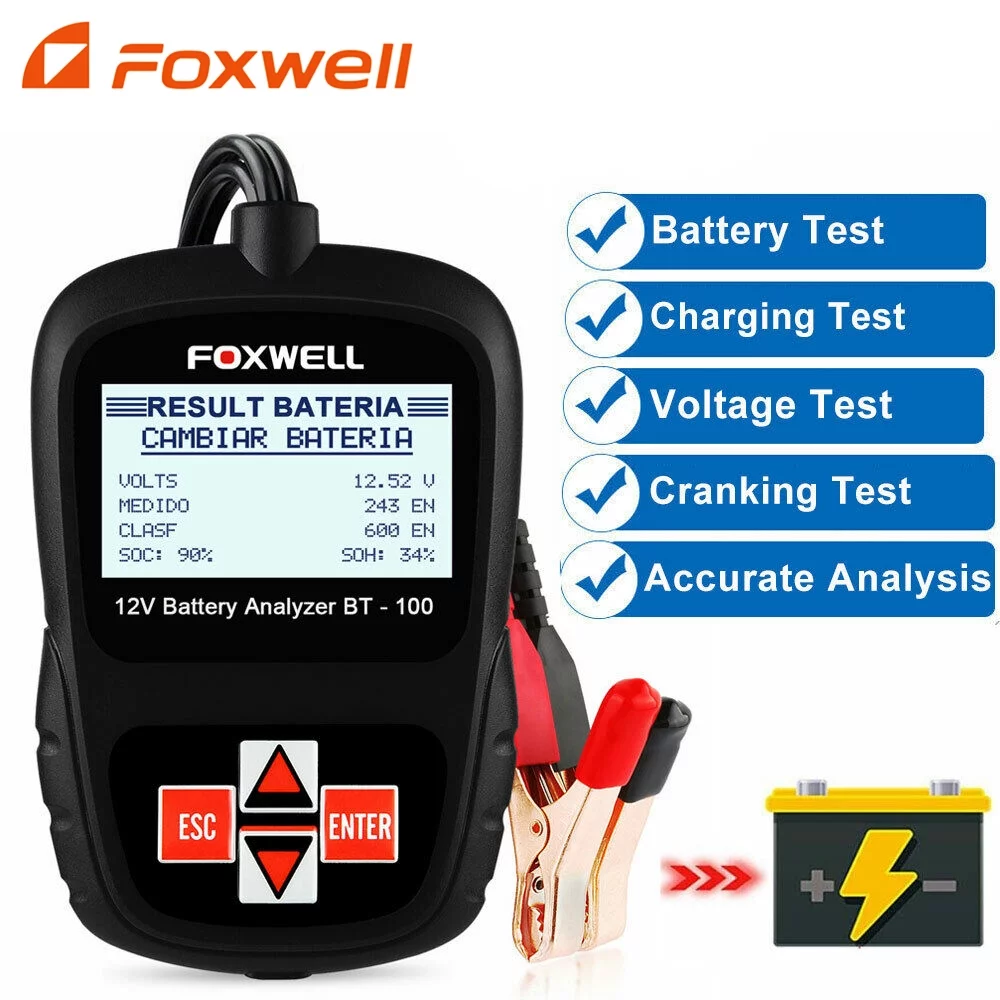 FOXWELL BT100 PRO 12V Car Battery Tester Charging Test AGM GEL Charging Analyzer 100-1100CCA Automotive Batteries Analyzer Car 6V-12V Battery Status Diagnostic Tool