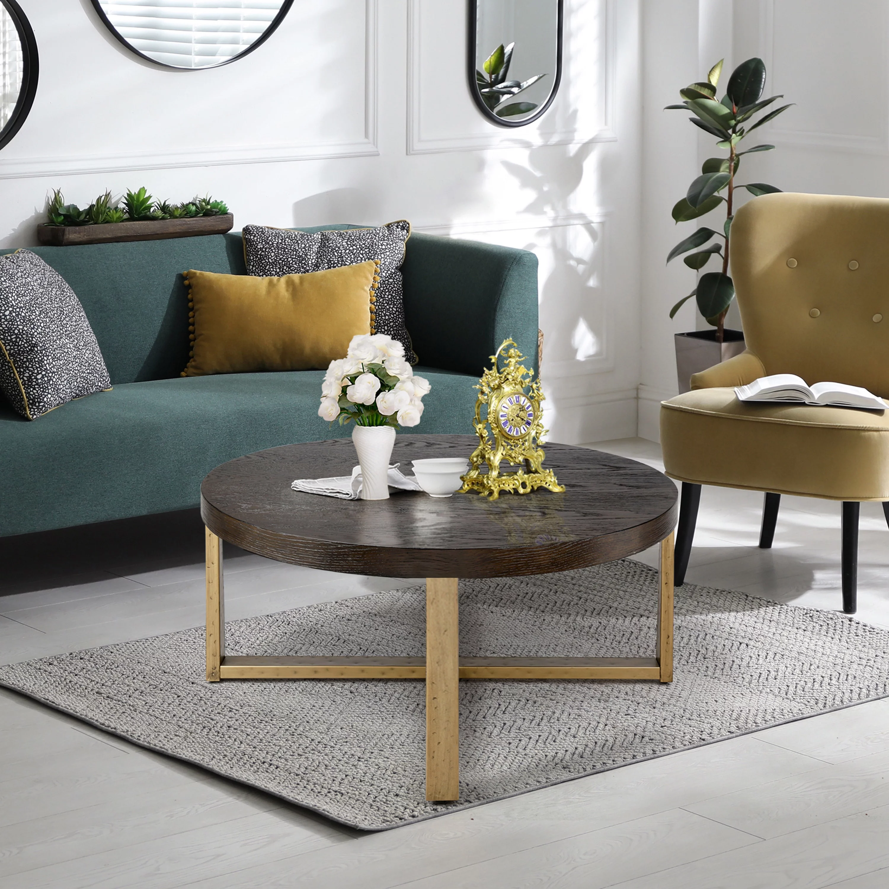 36 inch Rustic Round Wood Coffee Table Hammered Cross Legs Gold Finish Metal for Living Room - D36'' X H16''