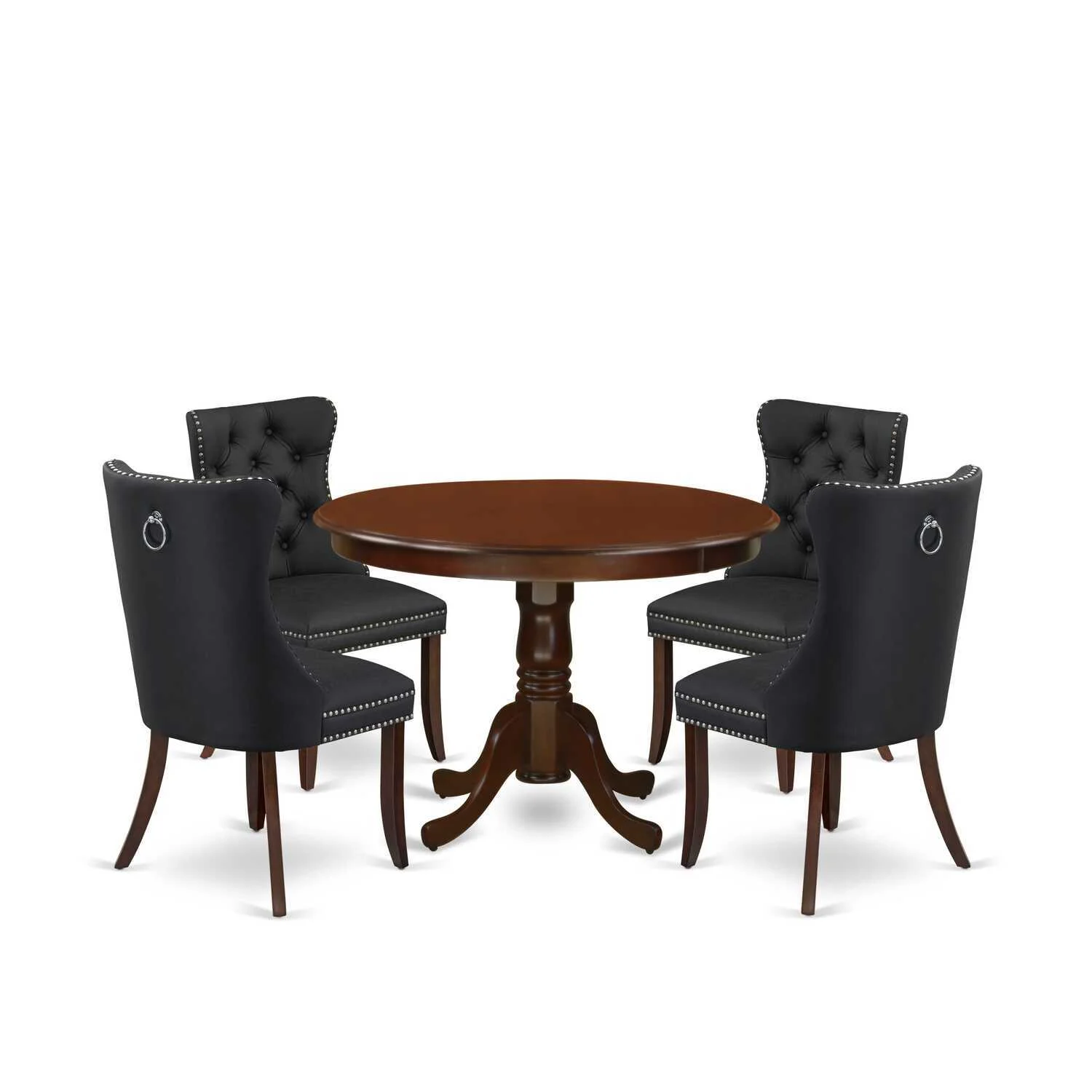 HomeStock Hollywood Regency 5 Piece Kitchen Table Set Contains A Round Dining Table With Pedestal And 4 Upholstered Chairs, Mahogany