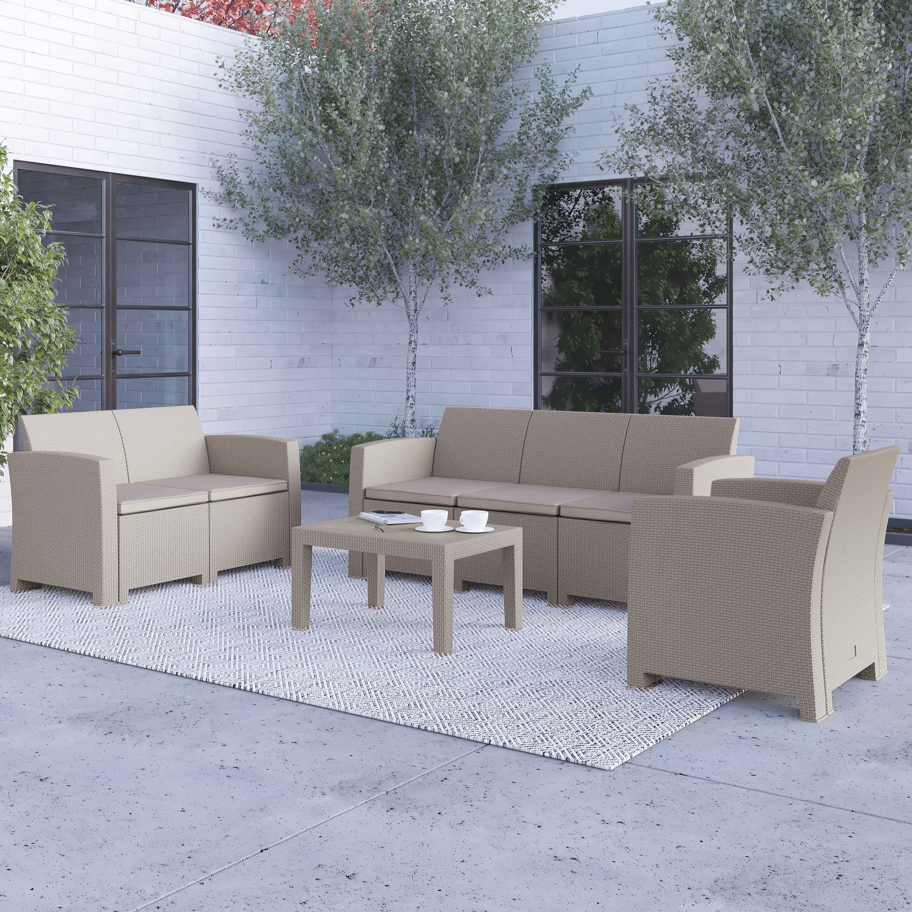 Merrick Lane 4 Piece Light Gray Faux Rattan Patio Furniture Set with Included Cushions, Chair, Sofa, Loveseat and Coffee Table