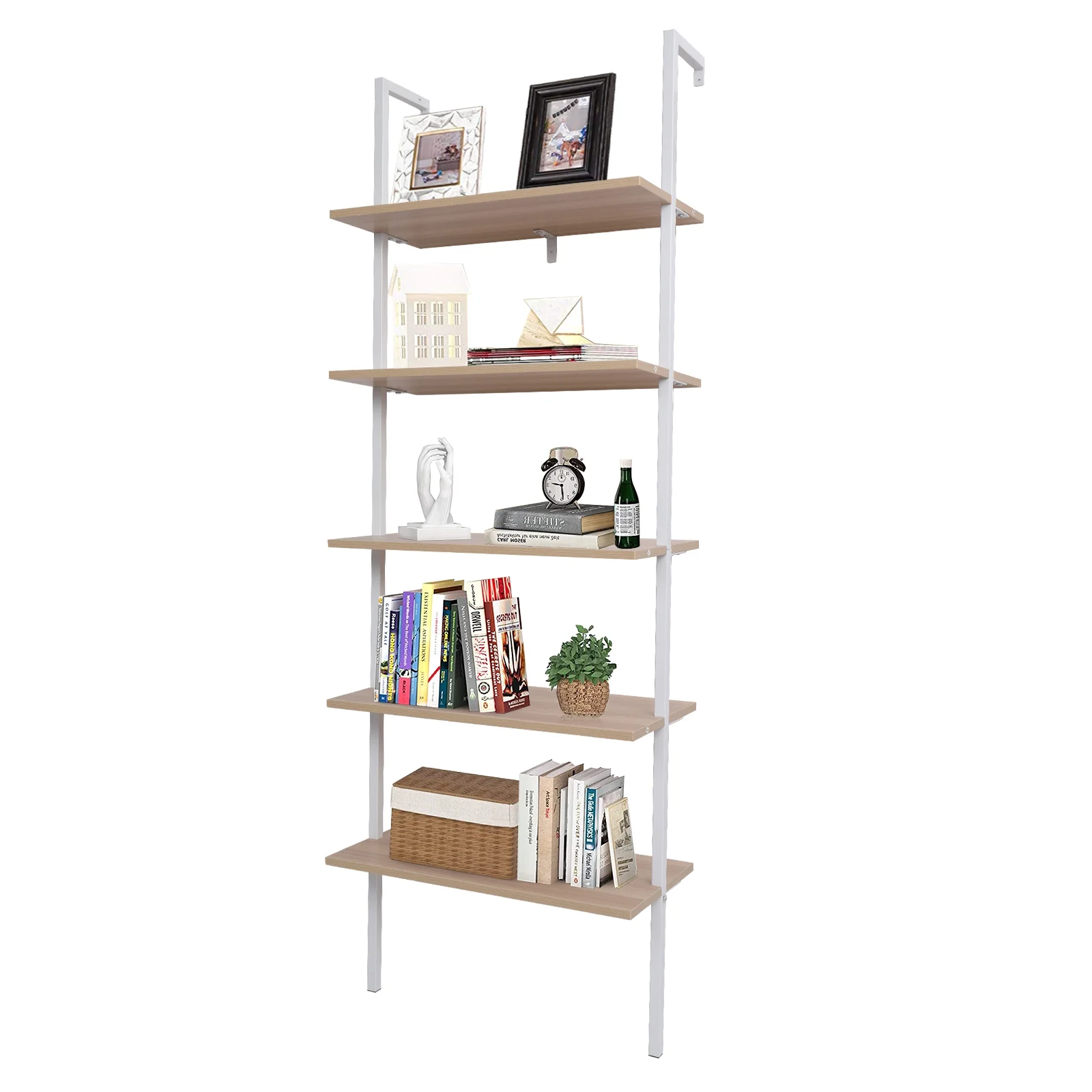 CAIHONG 5-Shelf Wood Modern Bookcase, Open Wall Mount Ladder Bookshelf with Industrial Metal Frame, (23.62 x 11.81 x 70.87)