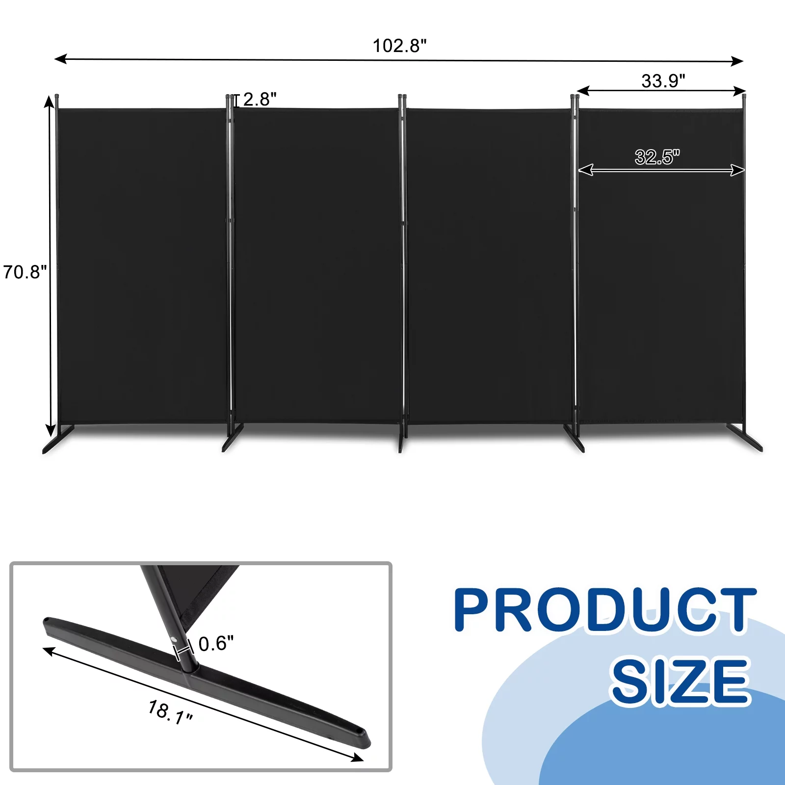 MDHAND 4-Panel Room Divider, 6 Ft Weave Fiber Folding Privacy Screen w/ Carbon Steel Frame, Black