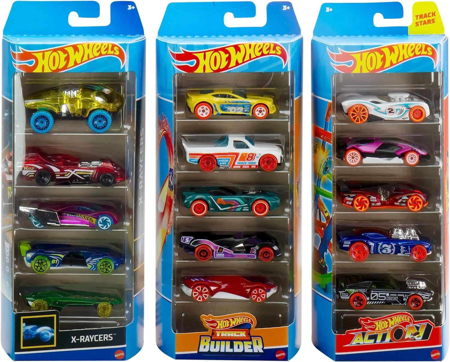 Hot Wheels Track Bundle of 15 Toy Cars, 3 Track-Themed Packs of 5 1:64 Scale Vehicles,