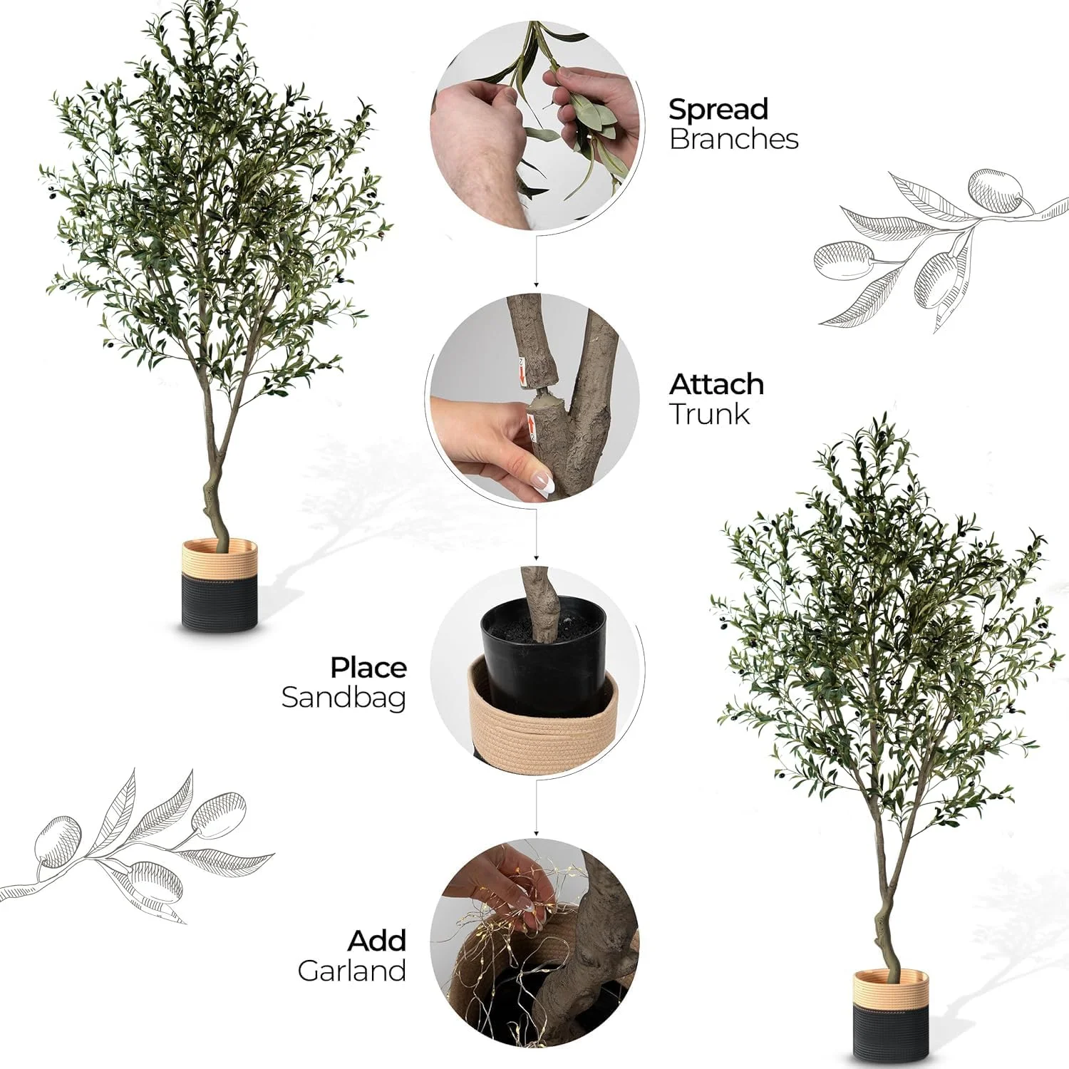 Olive Trees Artificial Indoor - 7ft (2400 Leaves) Artificial Tree Faux Olive Tree Green Decor – Realistic Natural Looking Fake Trees Ideal for Bedroom Decor, Living Room, Home Decorations