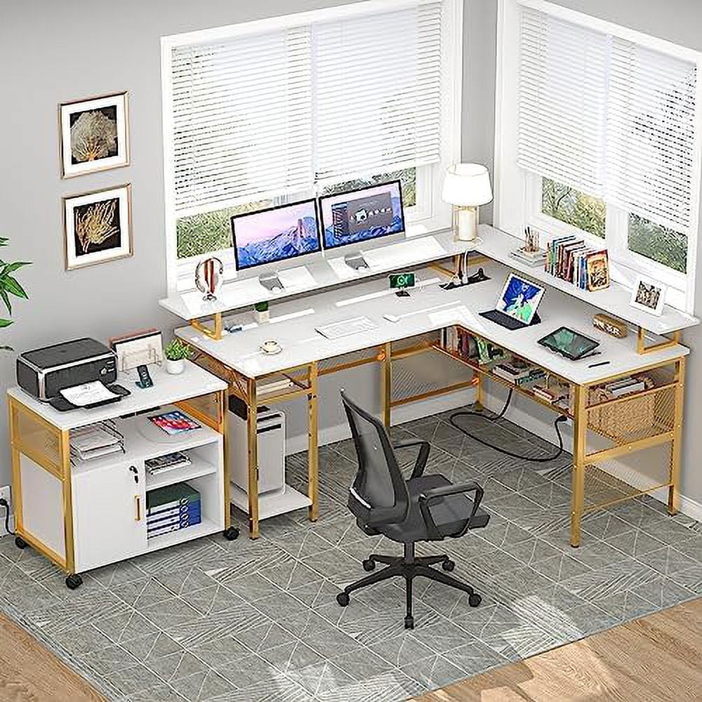 HYHBIBOOM Reversible L Shaped Desk  Cool 55 Inch Corner Computer Desk with Smart Strip Light and Magic Power Outlet  Sturdy Office Table with Monitor Stand and   Elegant Grid Design  Ligh
