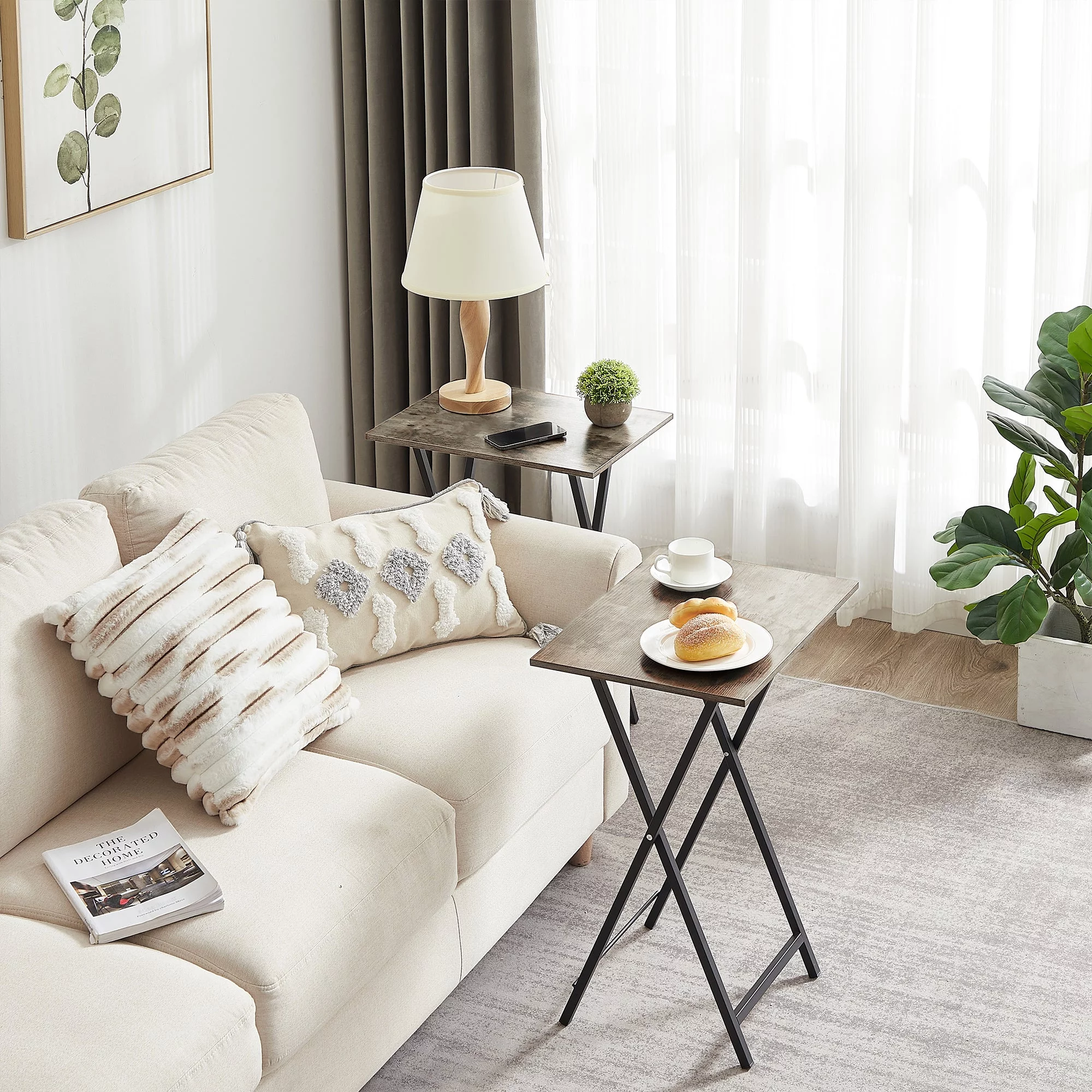 VECELO Folding TV Tray, Portable Dinner/Snack Table with Cup Holder, Set of 2, Gray