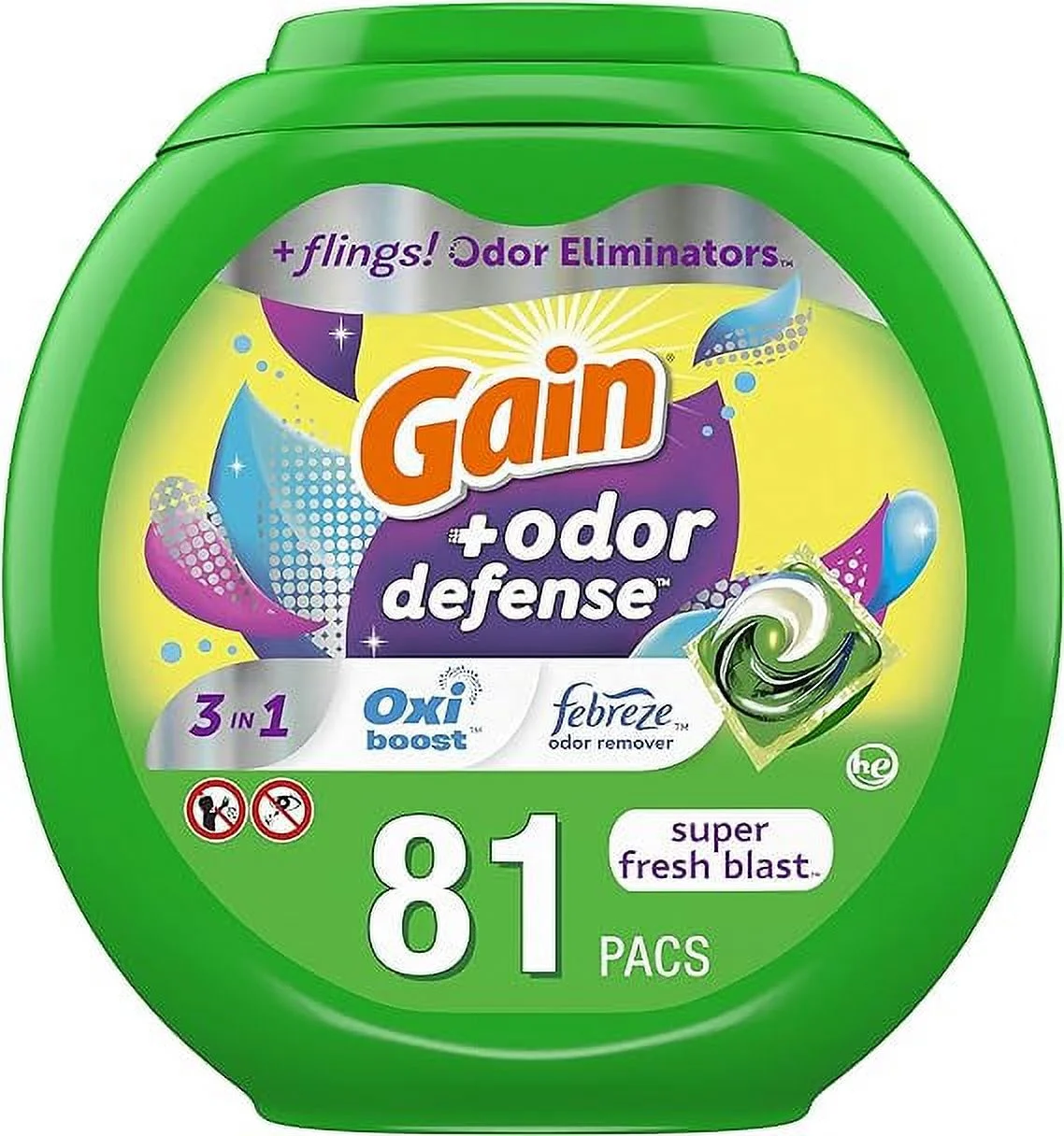 Gain Flings Laundry Detergent Pacs with Odor Defense, HE Compatible, 3in1 with Febreze and Oxi, Super Fresh Blast Scent, 81 Count