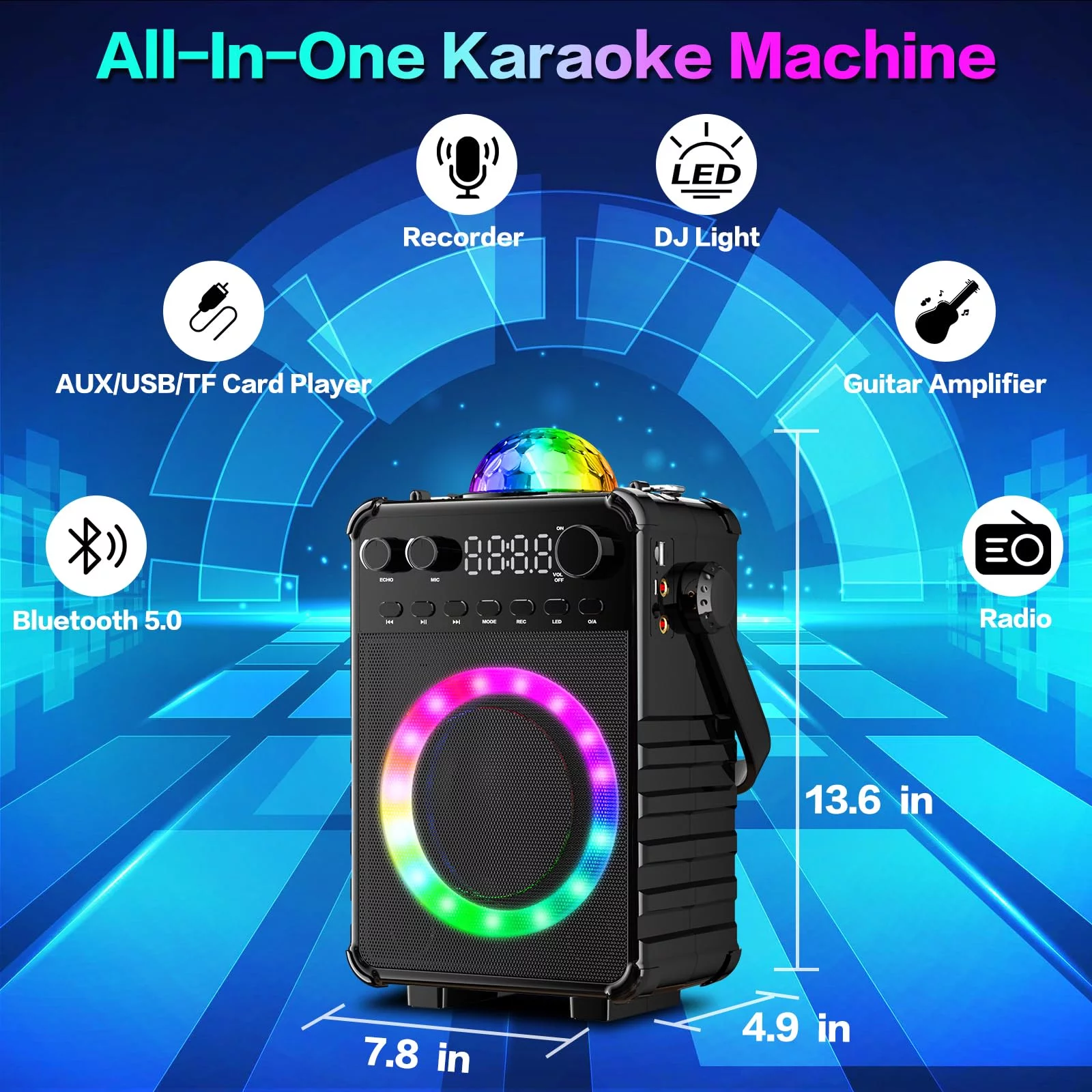 BONAOK Karaoke Machine with 2 Wireless Microphones, Portable Bluetooth Speaker with  for Adults Kids Singing Machine with Disco LED Lights Gifts for Girls Boys Home Party