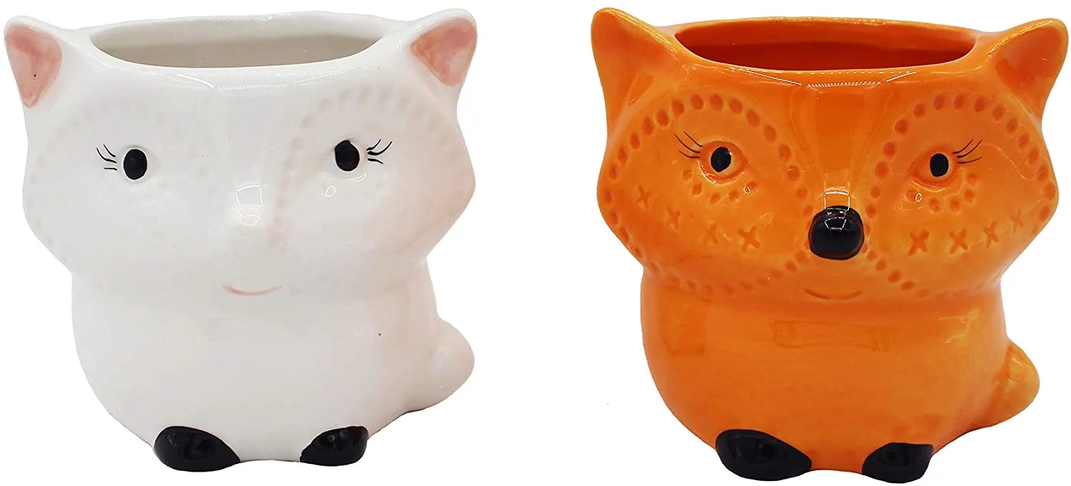 Cute Fox Gifts Animal Succulent Planters 2 Pack Ceramic Flower Pots with Drainage Hole, Office Décor