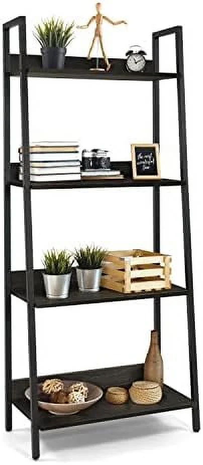 TJCGDTY 5 Tier Ladder Bookshelf  24 Inch Width Free Standing   Bookcase   Rack Organizer  Industrial Book Shelves for Home Office  Living Room  Kitchen  White Shelves & Gold Frame