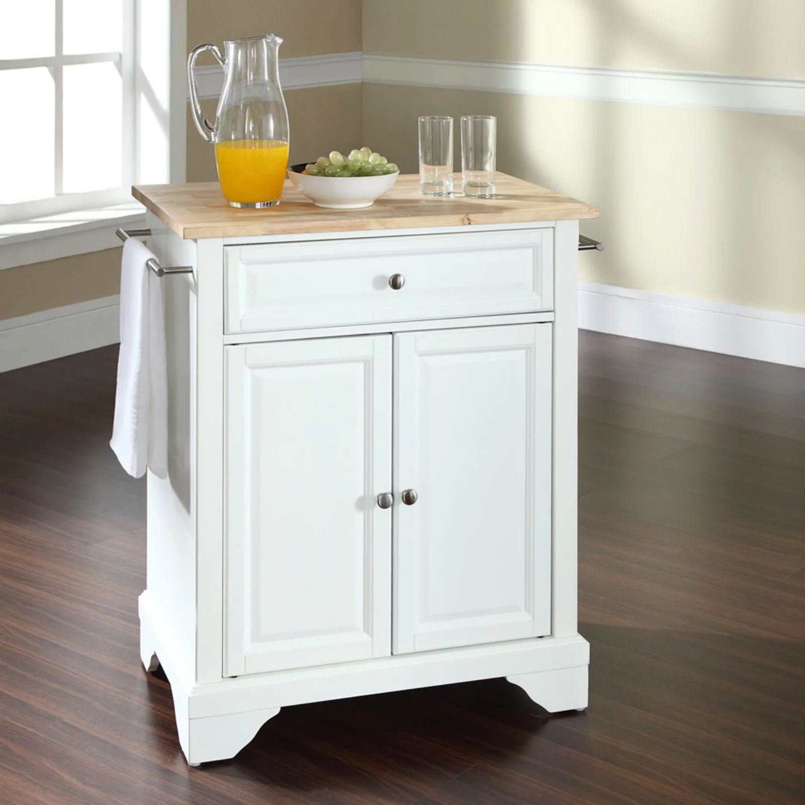 Crosley Furniture LaFayette Natural Wood Top Portable Kitchen Island in White