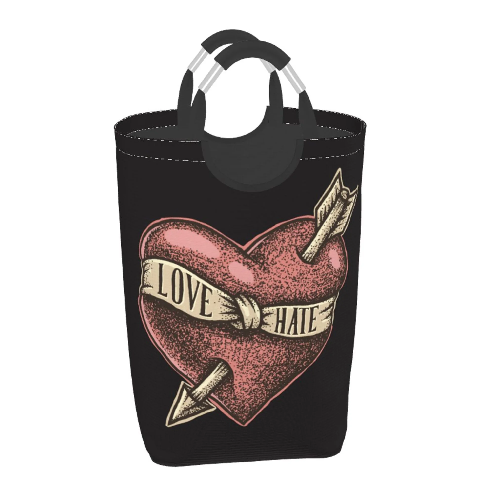 TEQUAN 50L Large Rectangular Laundry Hamper with Aluminum Handles, Love Heart with Arrow Prints Waterproof Foldable Dirty Clothes Basket