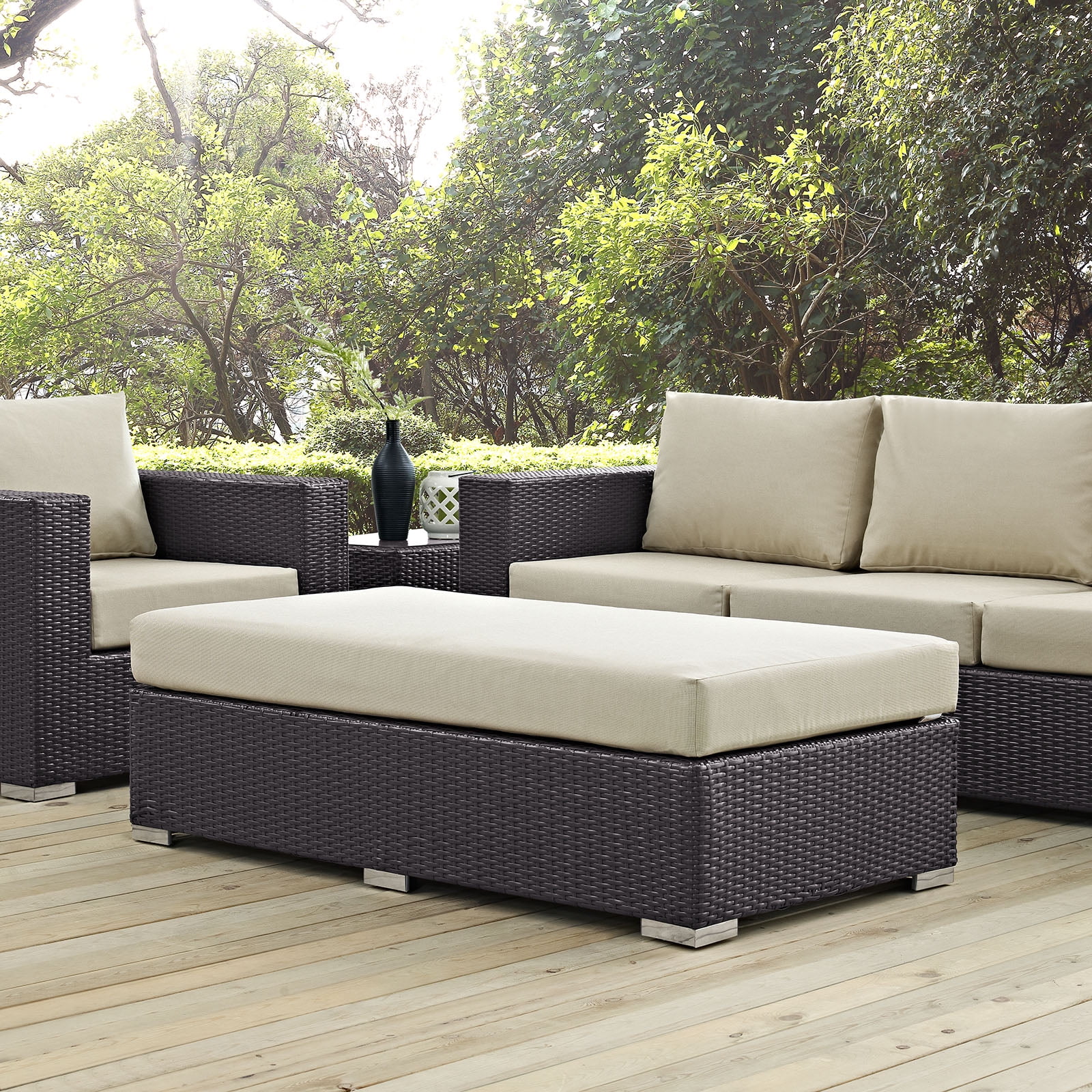 Modern Contemporary Urban Design Outdoor Patio Balcony Rectangle Ottoman, Beige, Rattan