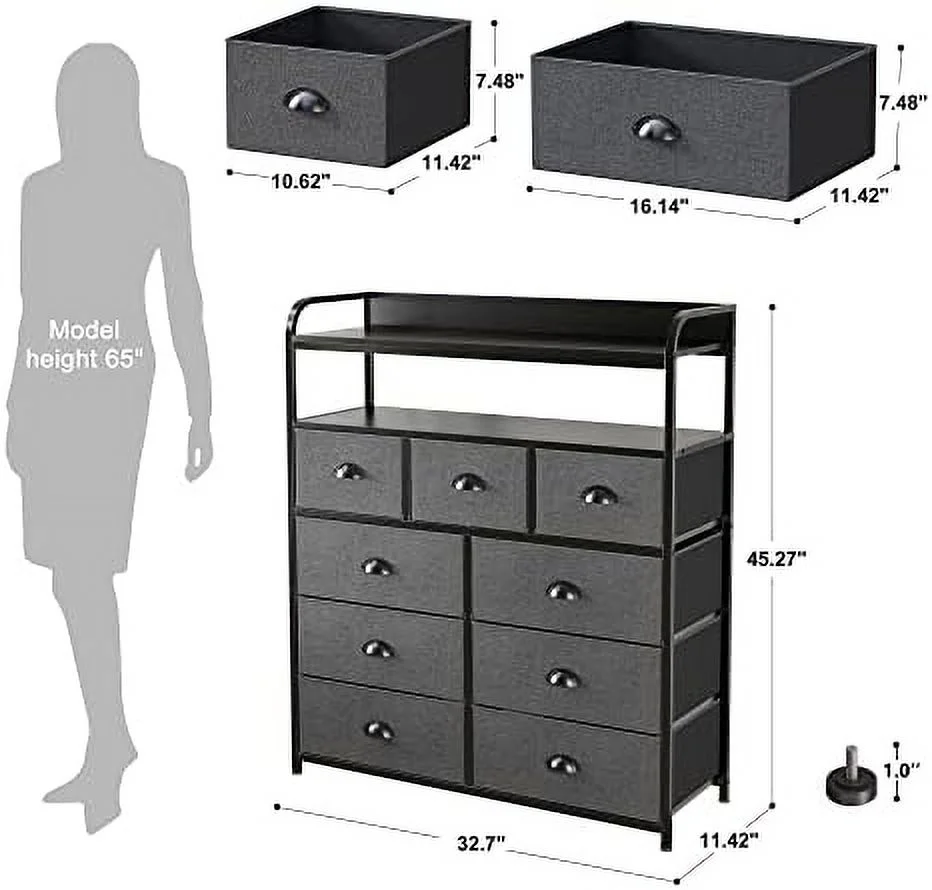 MQLIFEBOOM Dresser for Bedroom  Chest of Drawers for Bedroom  9 Drawer Fabric dresser Tall Dresser for Closet  Black Dresser with Wood Top for Nursery Living Room Entryway 2 Shelves Metal