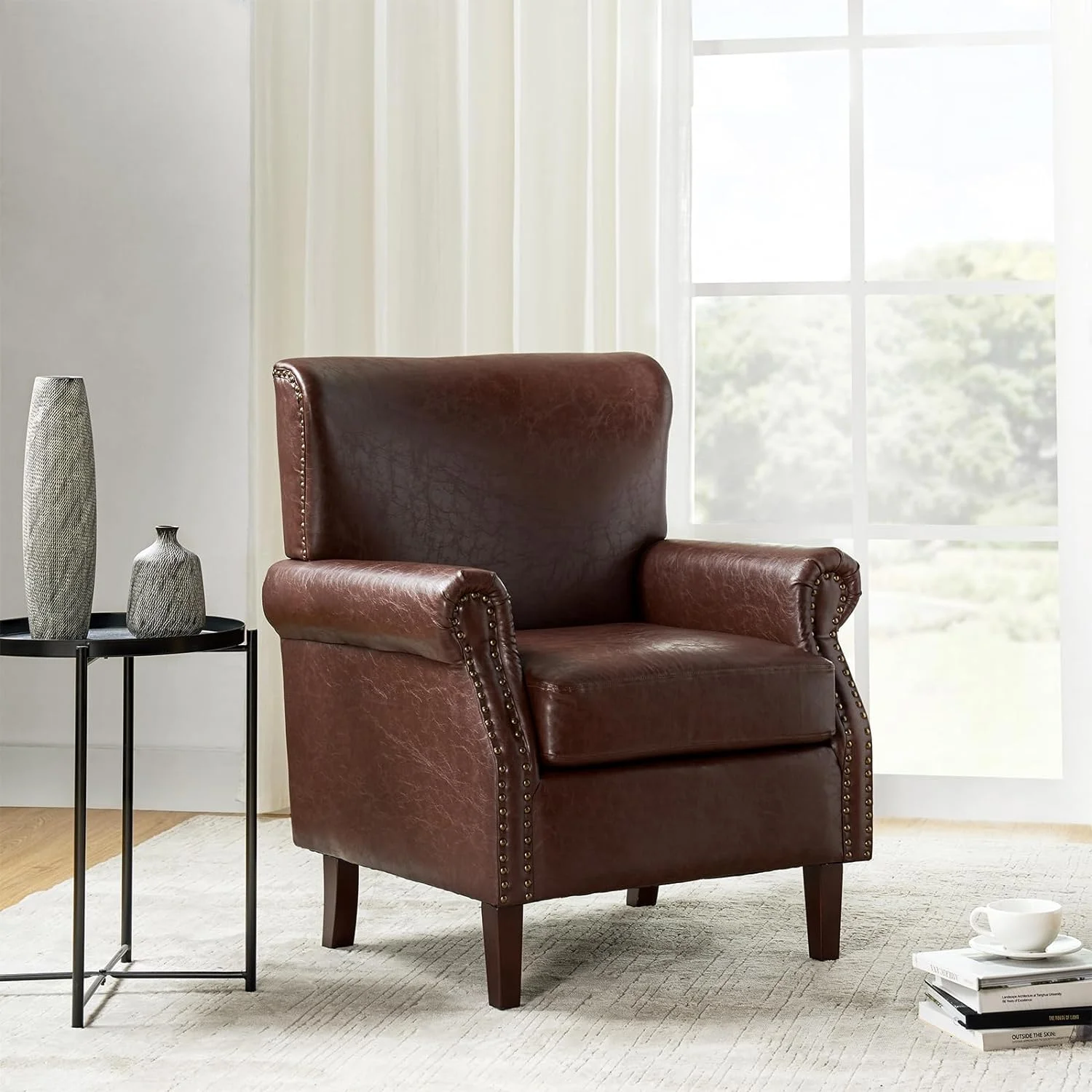 Faux Leather Accent Chair With Nailhead Trim & Rolled Armrests, Comfy Upholstered Living Room Armchair With Removable Cushion, Traditional Single Sofa Chair For Bedroom Office, Brown