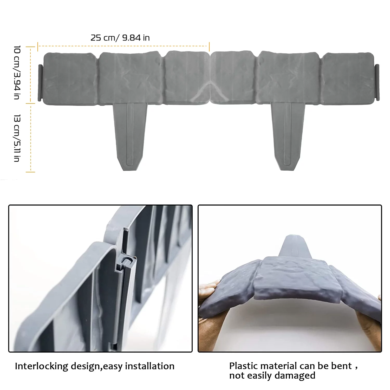 iMounTEK 20Pcs Plastic Garden Edging Border Flower Bed Landscape Stone Effect Fence for Lawn Patio Yard Grey