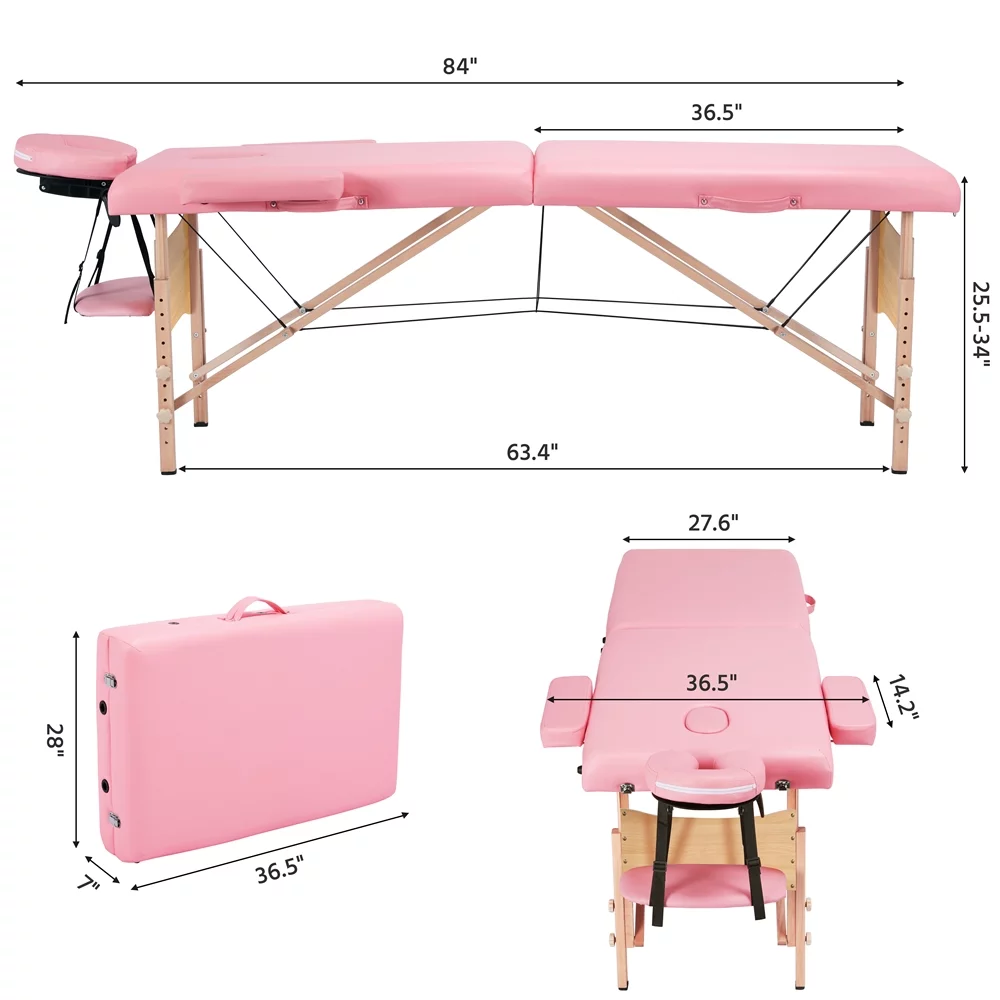 Easyfashion 2 Sectional Adjustable Folding Massage Table, Maximum Weight Capacity 220 lb,Pink