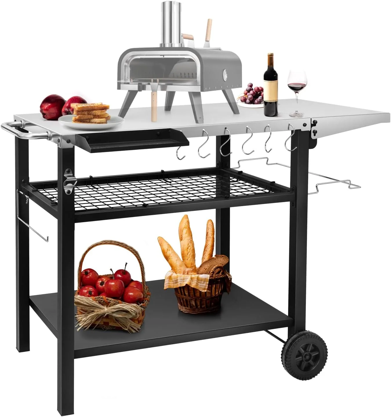 Outdoor Grill Cart Table Pizza Oven Stand, Three-Shelf Stainless Steel Food Prep Table Patio BBQ Grill Table Bar Cart Kitchen Island with Wheels
