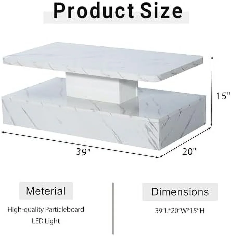 TQJKLFDY White Coffee Table with   High Gloss Modern Coffee Table for Living Room  Marble Grain Wood Coffee Table  Smart Large Living Room Table with LED