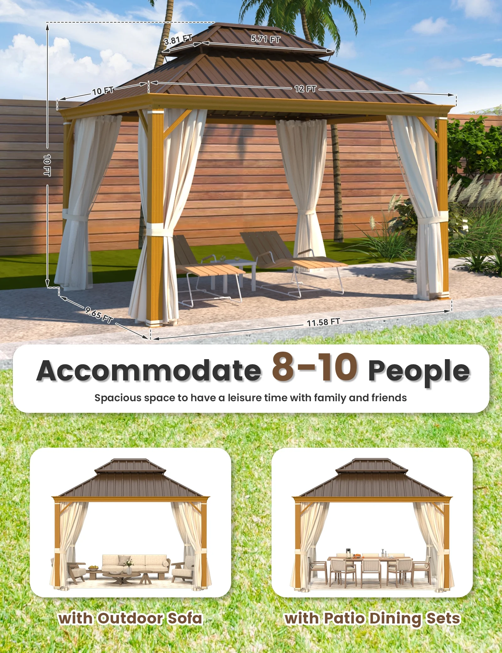 Hommow 10' x 12' Hardtop Gazebo, Wooden Finish Coated Aluminum Frame Gazebo with Double Roof