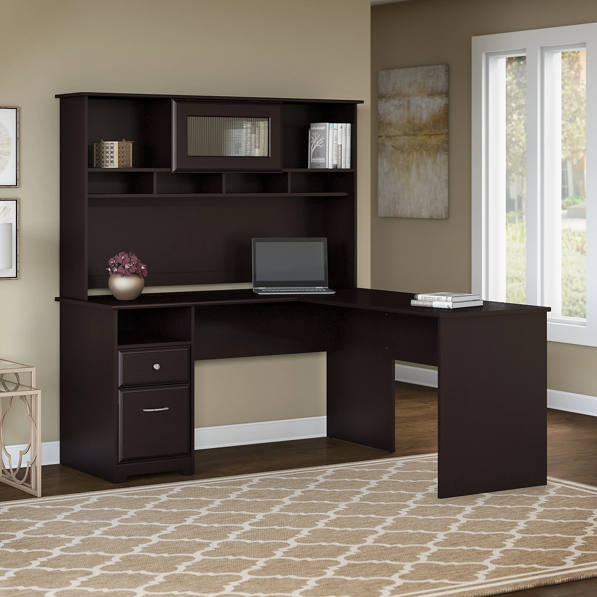 Cabot Modern 60W L Desk with Hutch, includes File Drawer and Storage Shelves in Espresso Oak