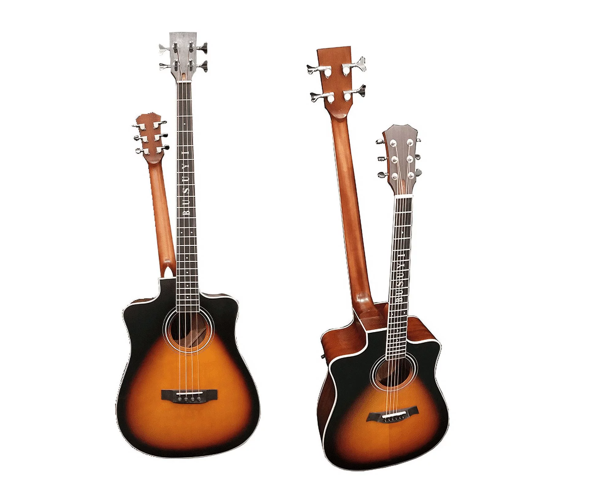 Busuyi Acoustic Electric Guitar 4 String Bass 6 String Lead, Travel Acoustic Guitar with Classical Metal Heel  Double Neck Guitar (Sunset)  All Levels + Drums