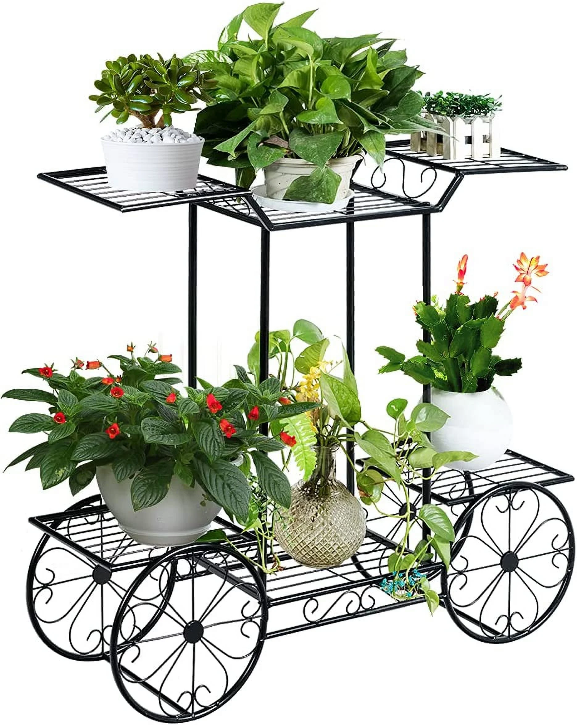 Flower Cart, Metal Plant Stand with 4 Decorative Wheels & 6 Pots, Multi Flower Planter Potted Holder Organizer for Indoor Outdoor Balcony Patio Garden, Black
