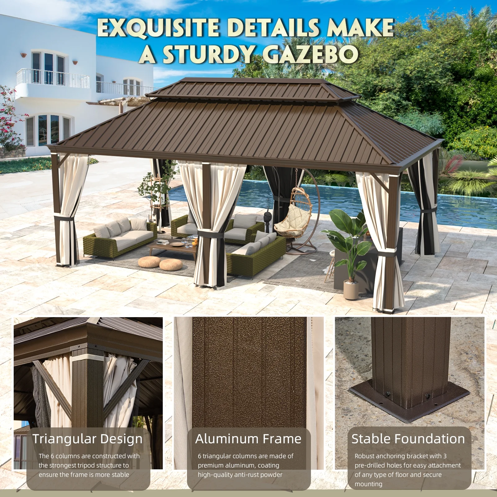 Richryce 12' X 20' Hardtop Gazebo Aluminum Frame Gazebo with Galvanized Steel Double Roof