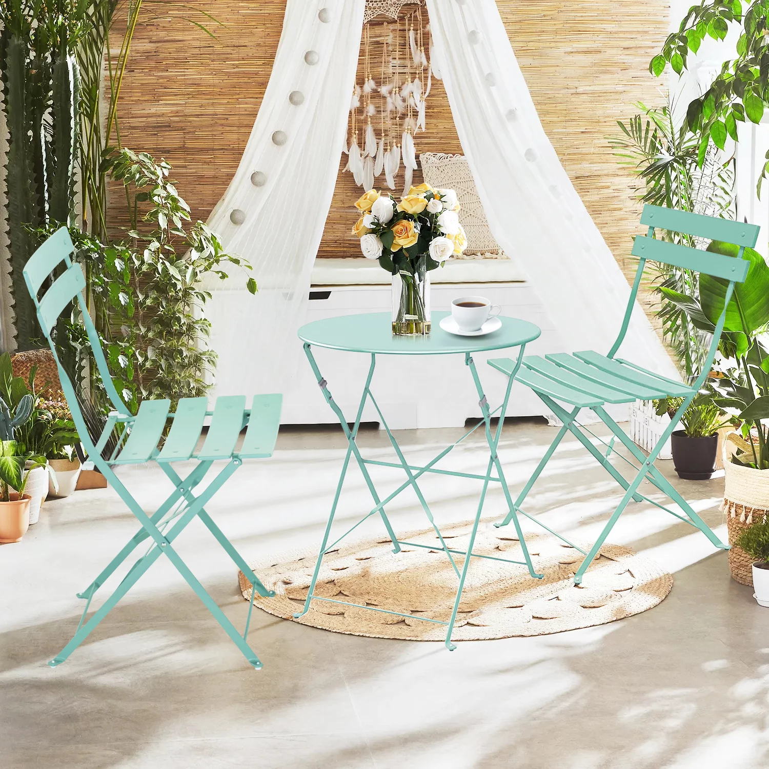 Patio Bistro Set, Steel Outdoor Patio Furniture Sets, 3 Piece Patio Set of Foldable Patio Table and Chairs ( Macaron Blue )