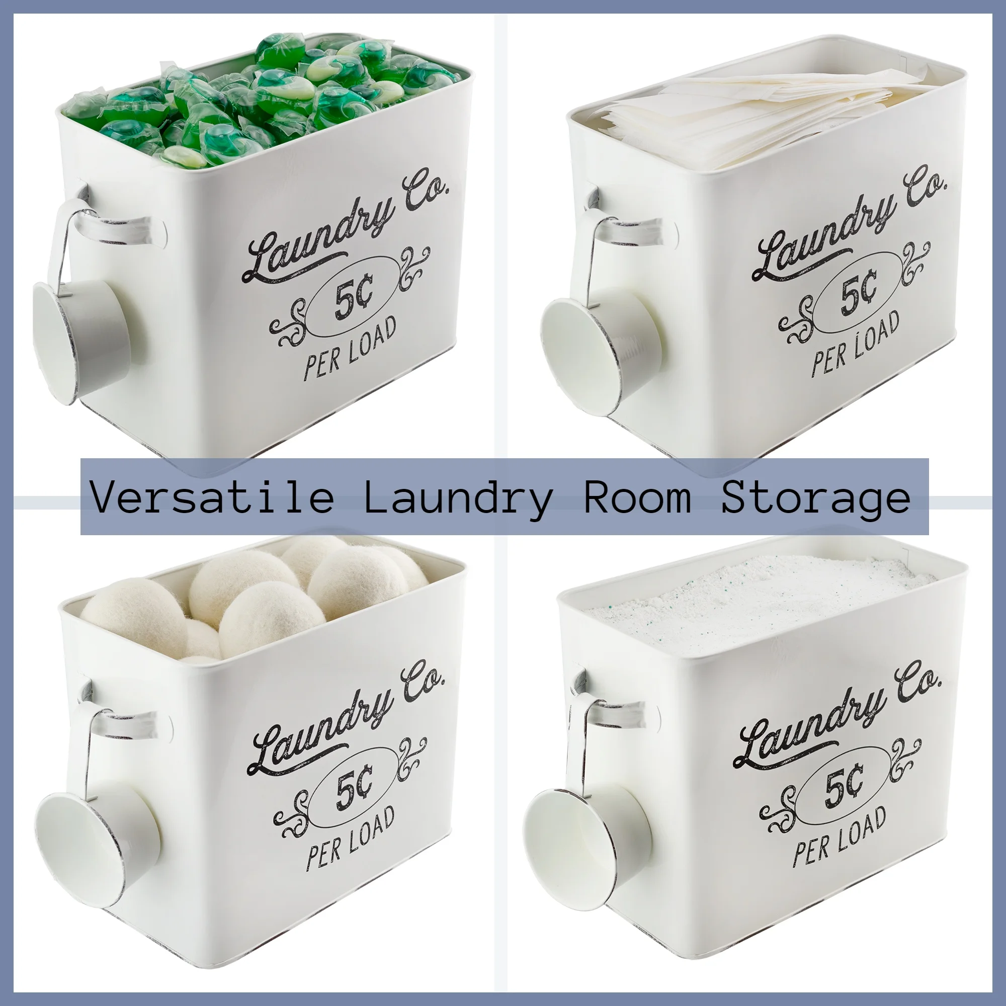 AuldHome Farmhouse Laundry Powder Container, White Enamelware Detergent Bin with Scoop