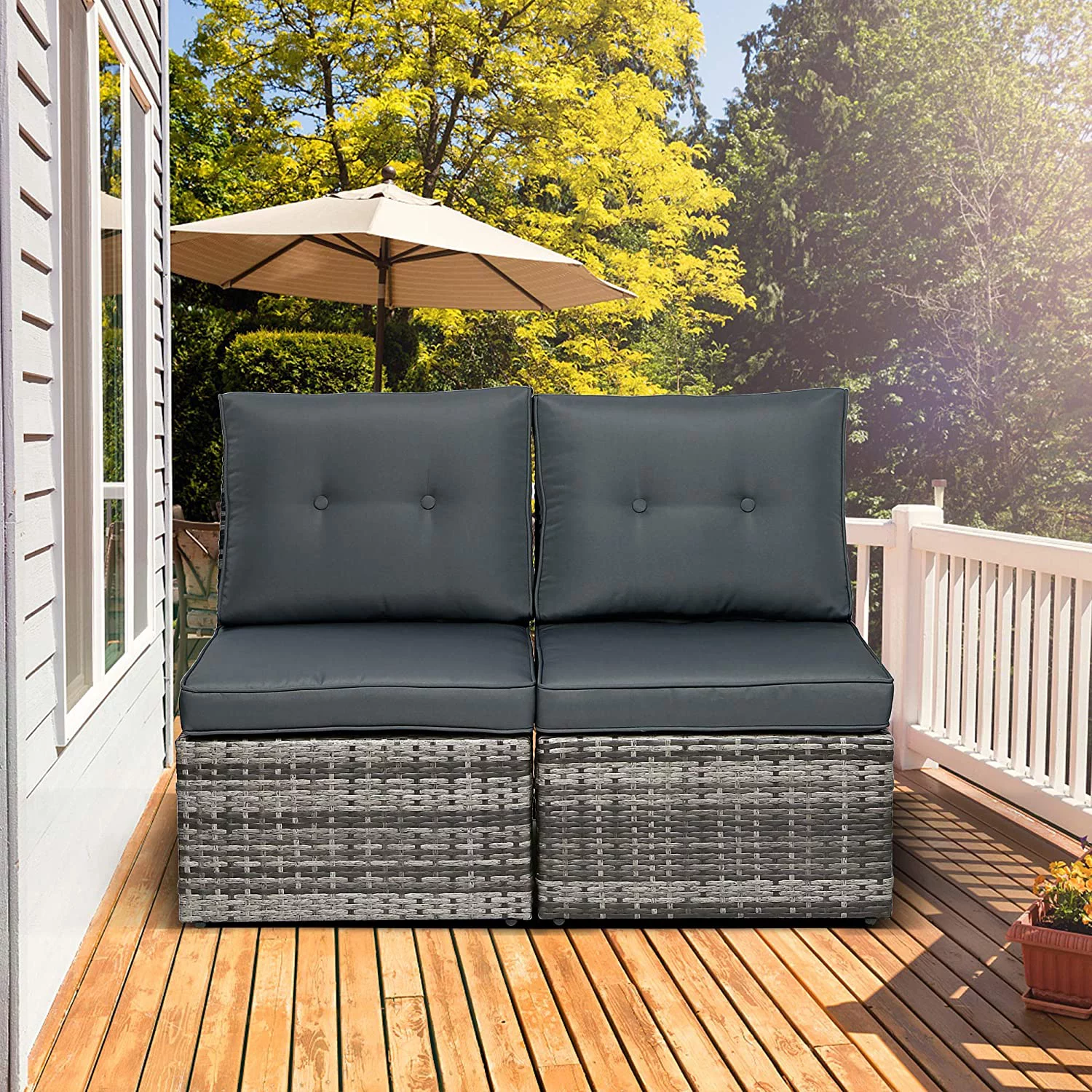 Outdoor Patio Loveseat - 2 Piece Rattan Wicker Sofa Chair with Cushion, Gray/Grey