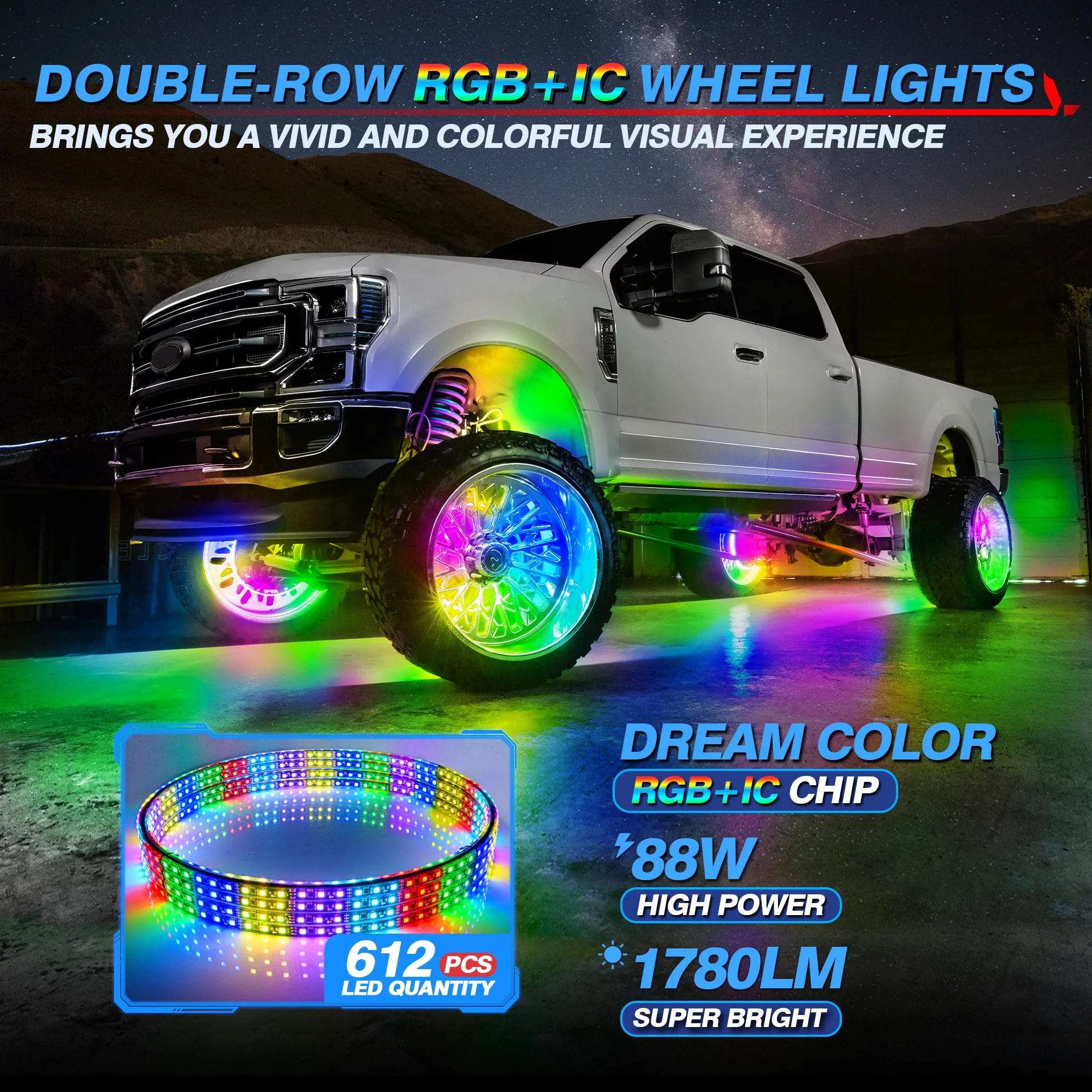 MICTUNING Upgraded 15.5″/17″ V1 RGB + IC Wheel Ring Lights Kit Dream Color, Double-Row Chasing Color Flow Neon Wheel Rim Lights