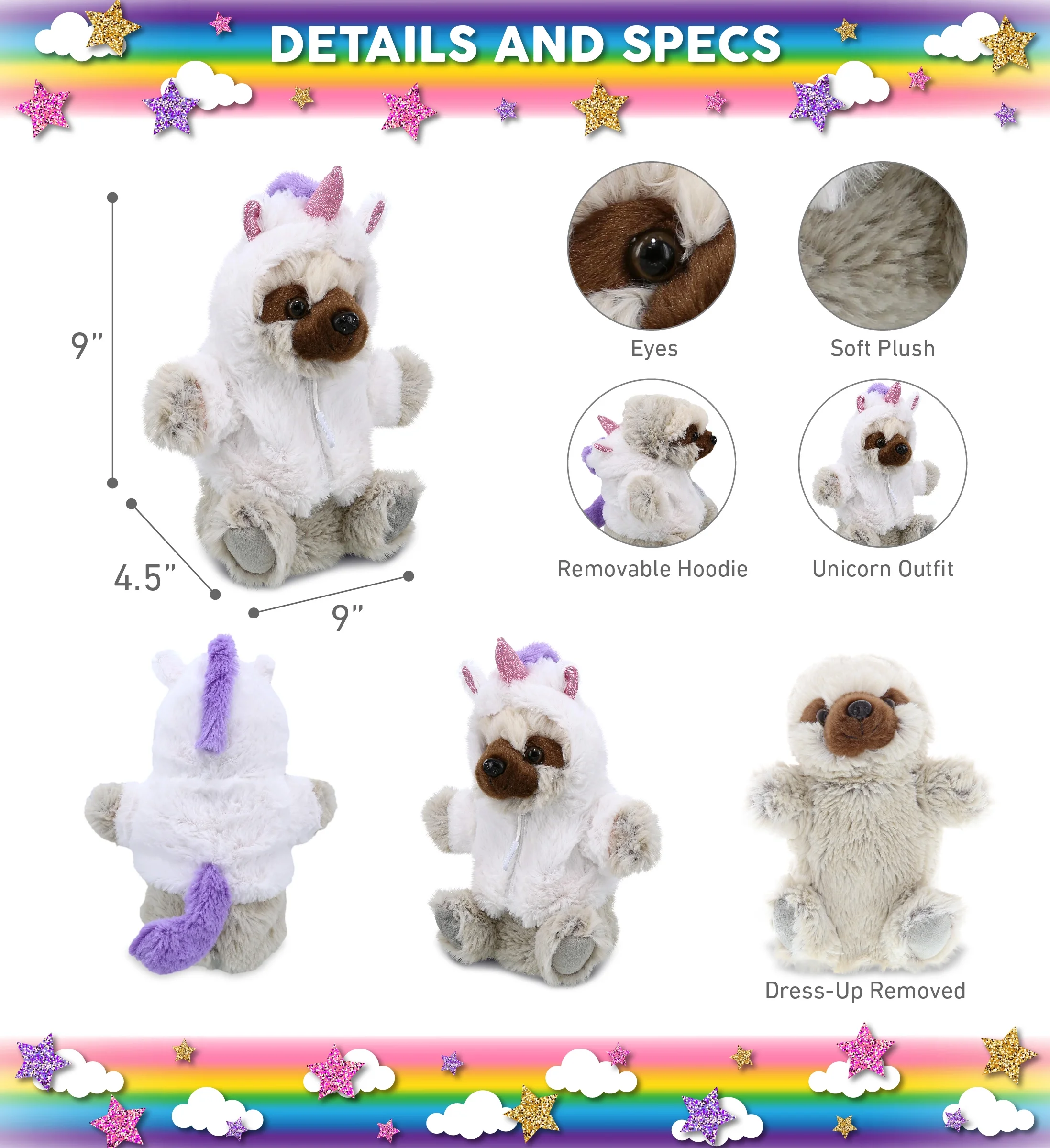 DolliBu Sloth Unicorn Plush Stuffed Animal Hand Puppet Toy - Super Soft Slothcorn Dress Up with Removable Plush Unicorn Outfit, Cute Fantasy Wildlife Gift - 9 Inches
