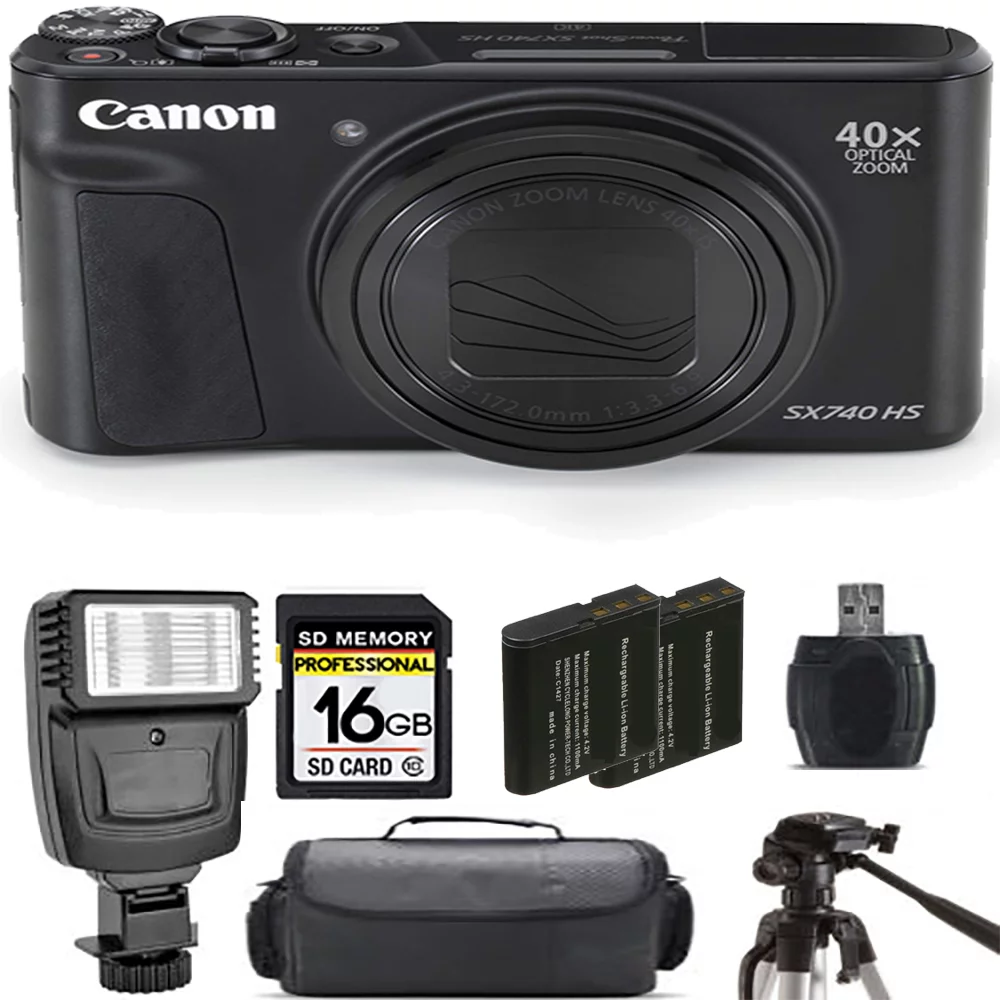 Canon PowerShot SX740 HS Digital Camera (Black) + Extra Battery + Flash - 16GB Kit