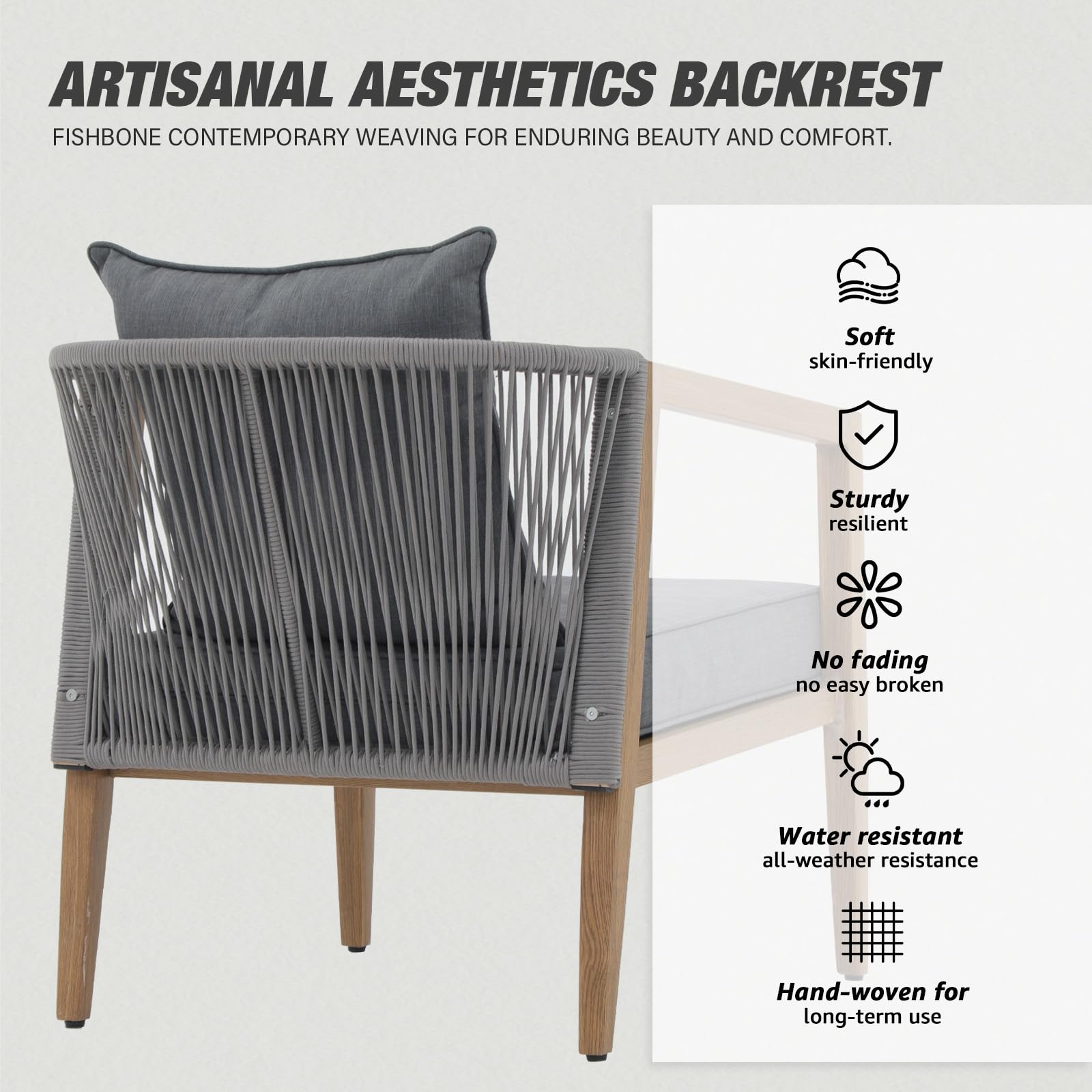 OC Orange-Casual Outdoor 4-Piece Acacia Wood Furniture Set, All-Weather Patio Sectional Sofa Set, Rope Lounge Couch & 2 Single Chair, with Wood Table, Grey Cushion