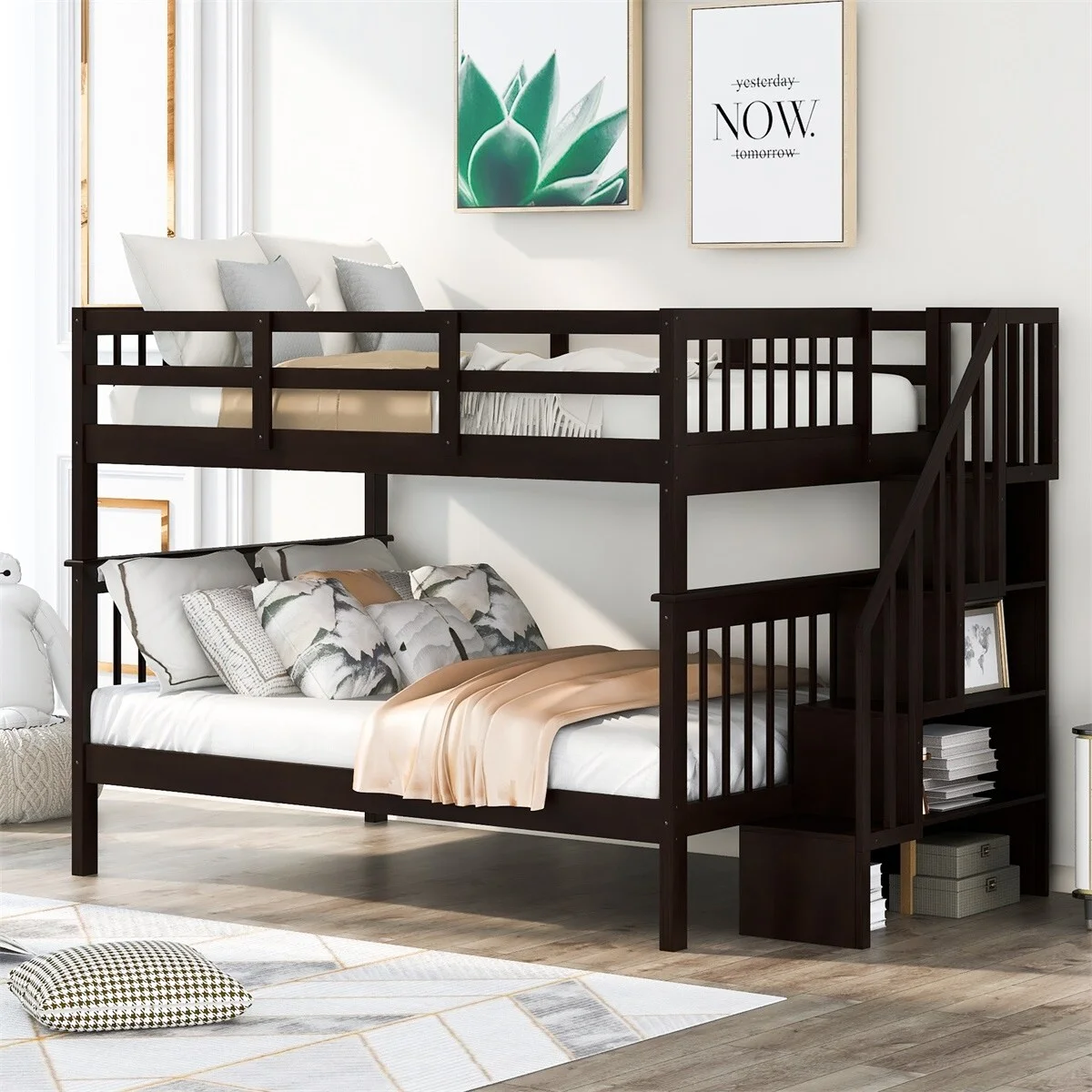 MERAX  Wood Full over Full Stairway Bunk Bed with Shelves Espresso