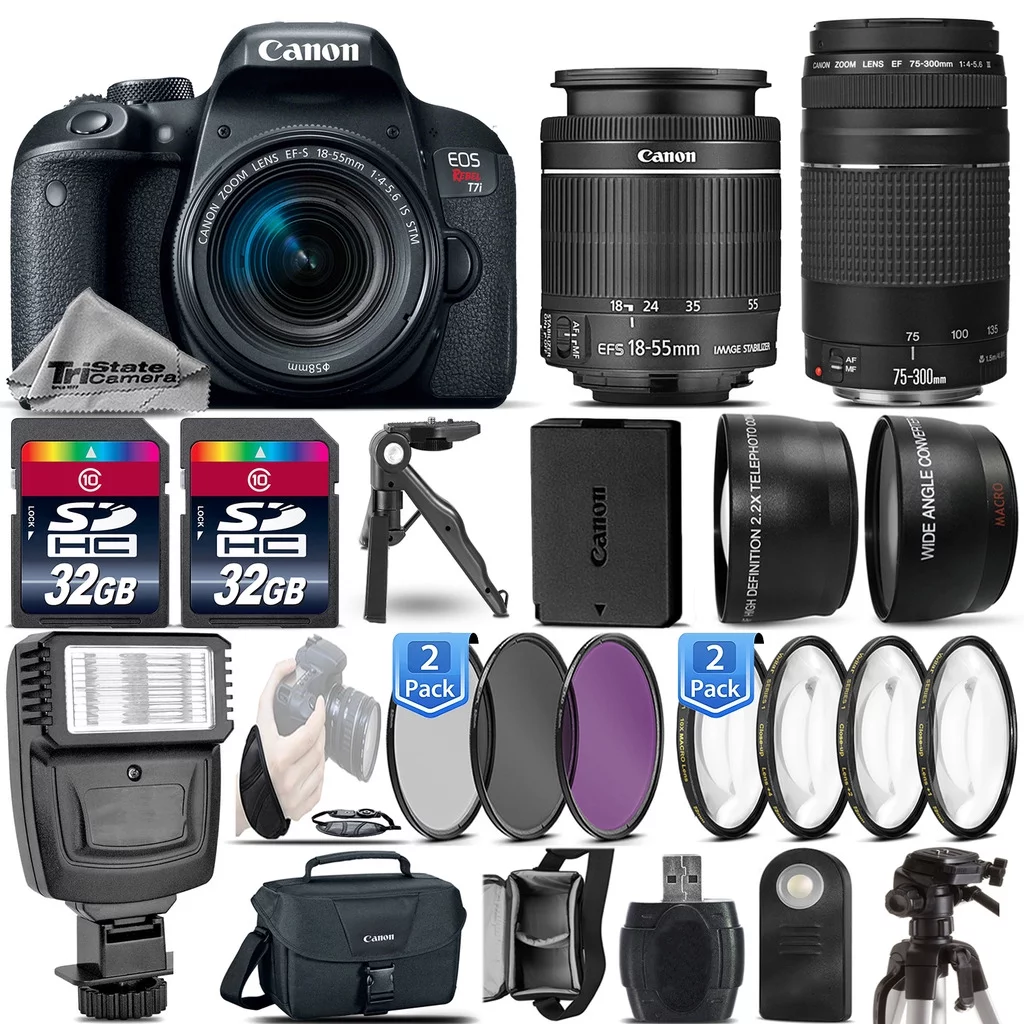 Canon EOS Rebel T7i / 800D DSLR Camera + 18-55mm IS STM + 75-300 III -64GB Kit