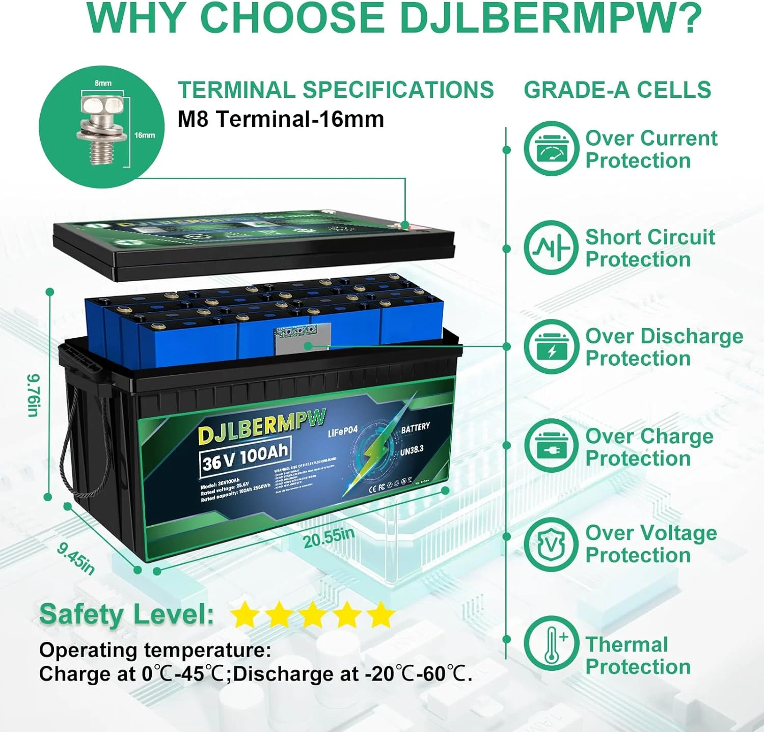 ‎DJLBERMPW 36V 100Ah LiFePO4 Battery Bluetooth,4000-15000 Deep Cycle Golf Cart Battery,36V 100Ah Lithium Batteries for RV,Solar,Marine,Trolling Motor,Built in 100A BMS 3840W,10 Years of Life