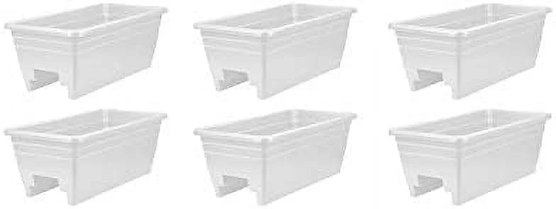 24 Inch Wide Heavy Duty Plastic Deck Rail Mounted Garden Flower Planter Boxes With Removable Drainage Plugs, White (6 Pack)